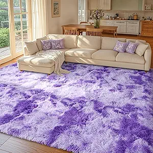 8x10 Purple White Rug Fluffy Living Room Rugs Girls,Plush Soft Fuzzy Area Carpet Non Slip for Bedroom Nursery Kids Girlie Elegant Home Decor Aesthetic