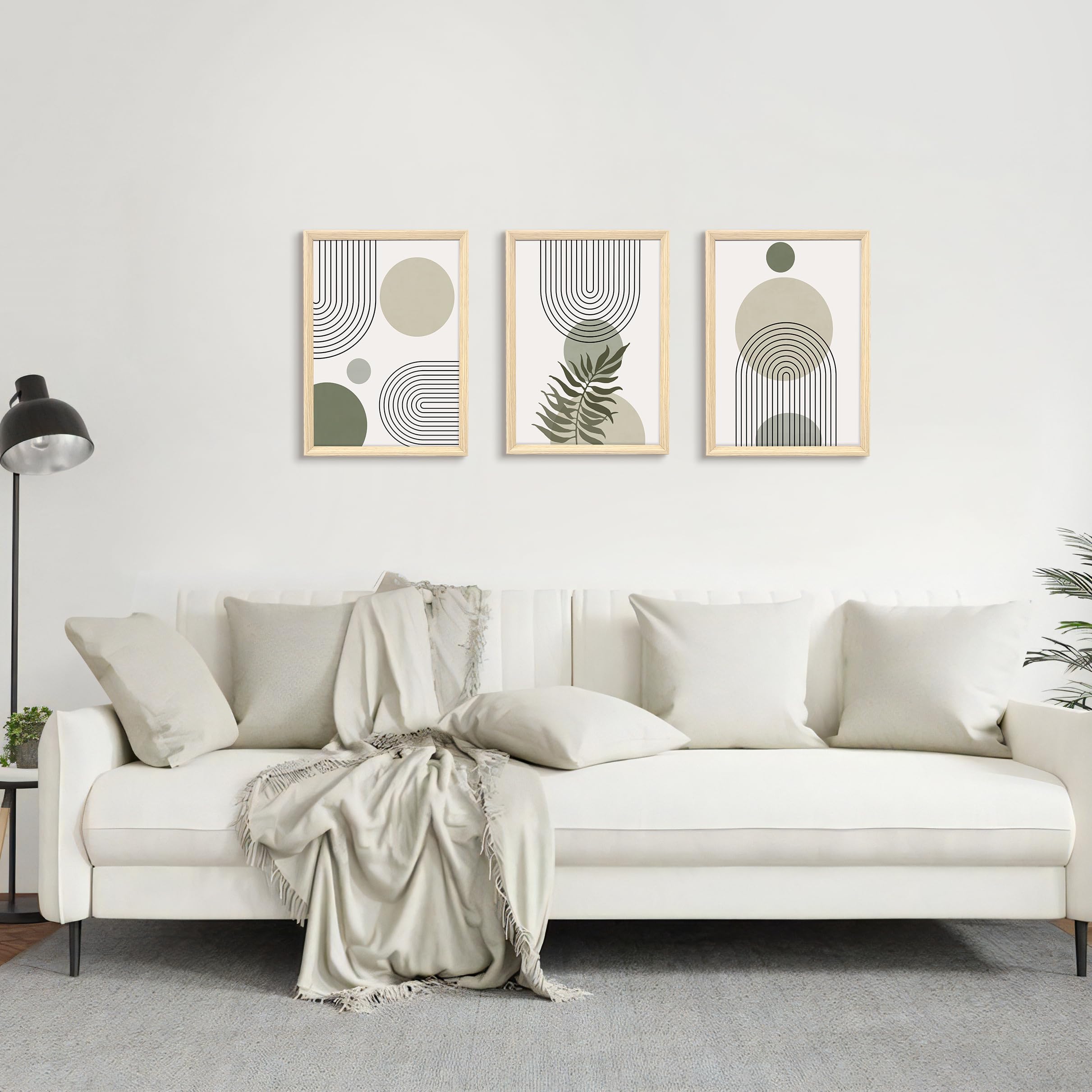 3 Pcs Wooden Framed Canvas Wall Art Set Bohemian Sage Green Canvas Prints Poster Geometric Line Beige Green Pictures for Living Room Bedroom Dinning Room Hallway Stairs Wall Decor 30x40cm x3pcs — view 262