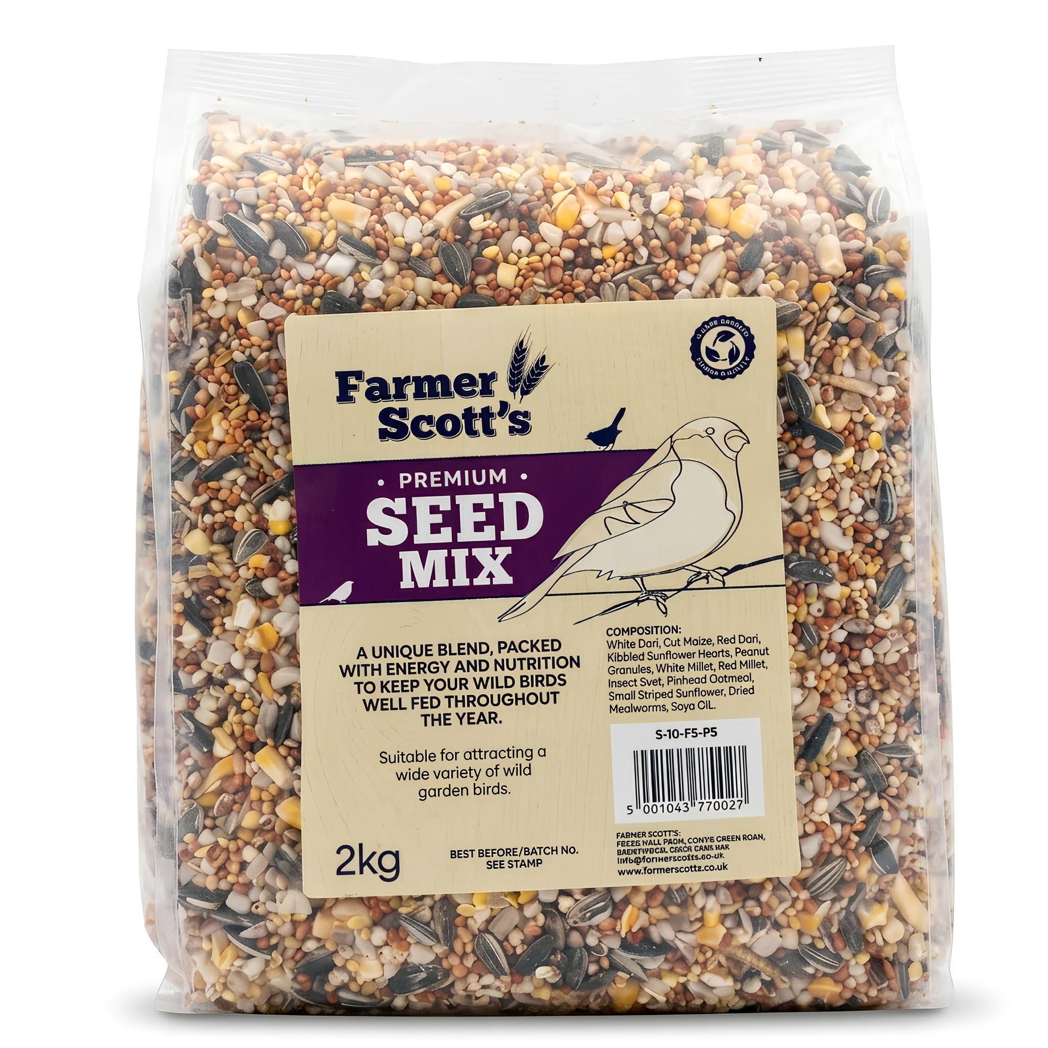 Farmer Scott’s Premium Wild Bird Seed Mix 2KG – High Energy Garden Bird Food Blend with Sunflower Chips, Millet & Dari, Nutritious Feed for Robins, Finches, Sparrows & Wild Garden Birds