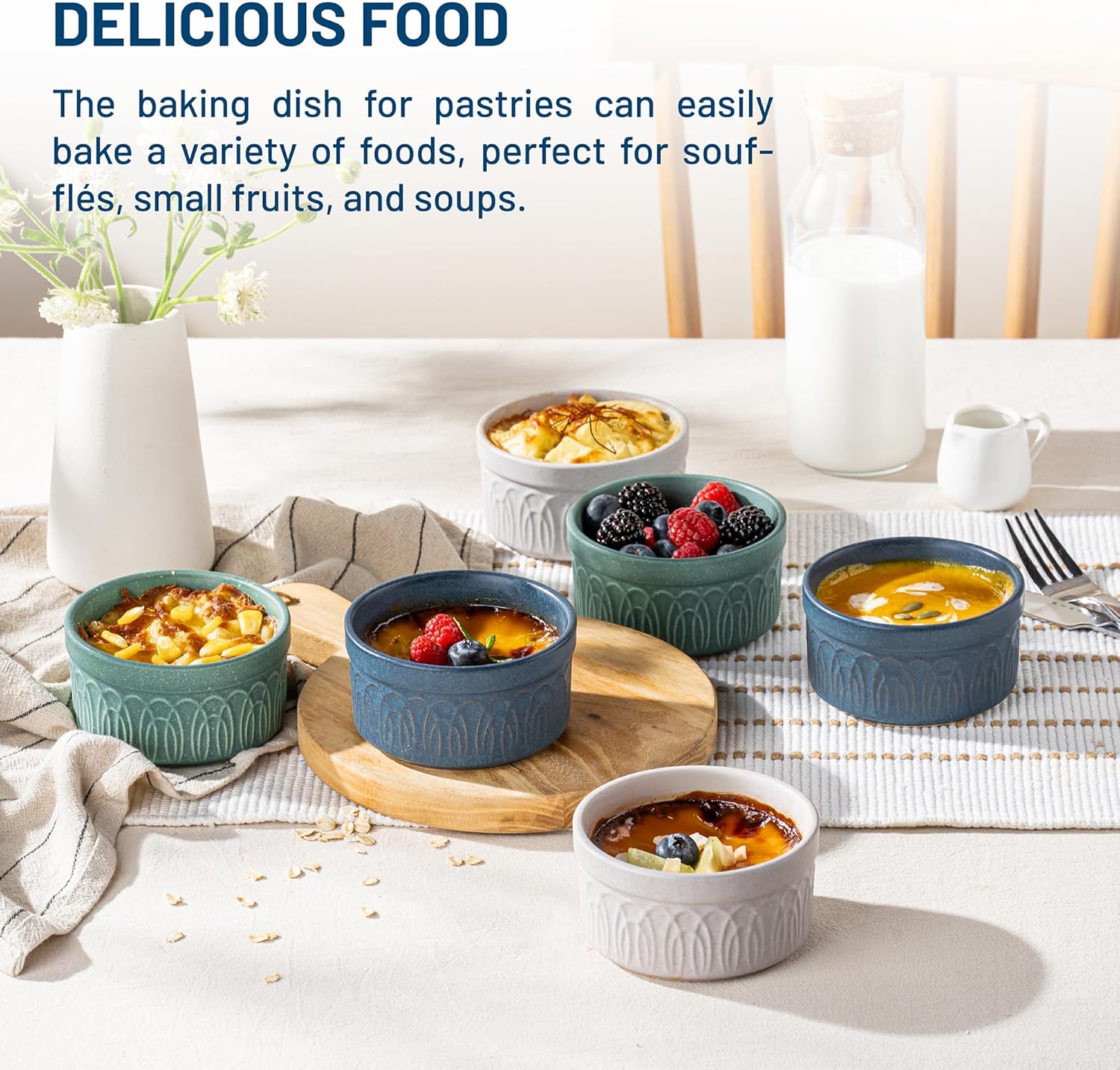 DAFUCERAMIC Ramekins 8 Oz Oven Safe, Ceramic Creme Brulee Souffle Dishes, Pudding Custard Cups Ramekin For Baking, Small Dipping Sauce Bowls, Set of 6, Microwave and Dishwasher Safe (Assorted Neutrals)