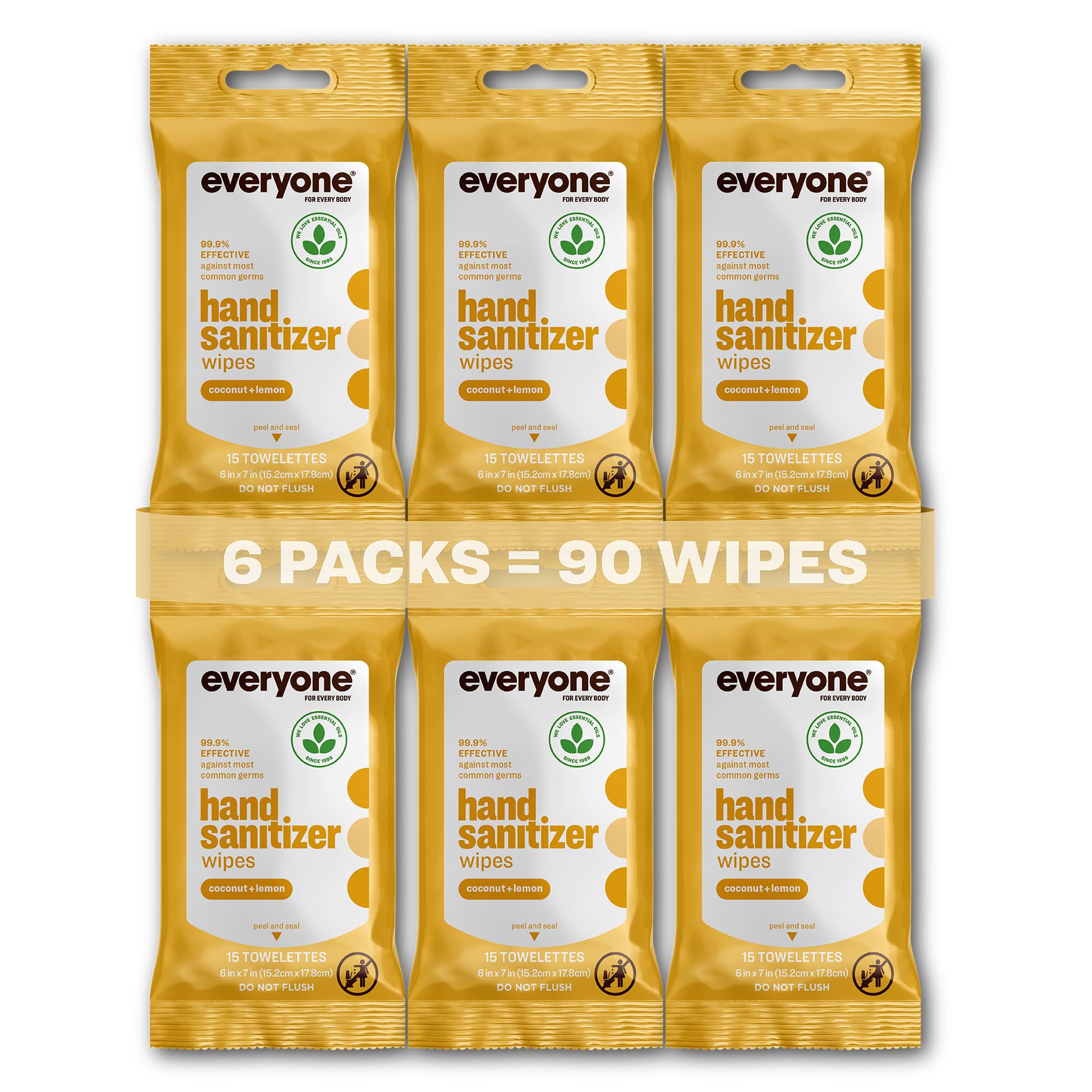 Everyone Hand Sanitizer Wipes, Coconut Lemon, 15ct 6-Pack EWG Verified