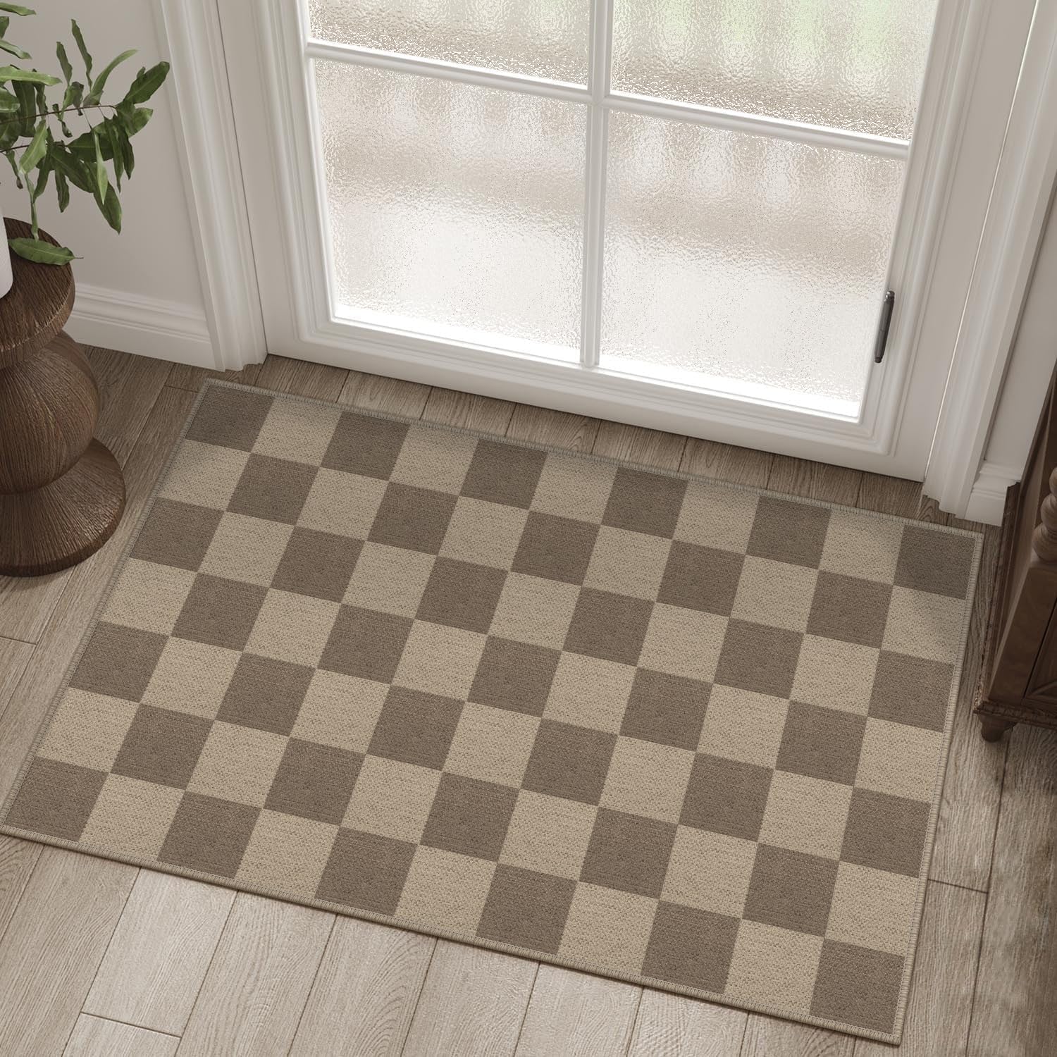 Rugalia Easy Jute Checkered Entryway Rug, 2x3 Brown Modern Indoor Outdoor Doormat, Washable Non-Slip Small Kitchen Rug Farmhouse Checkerboard Throw