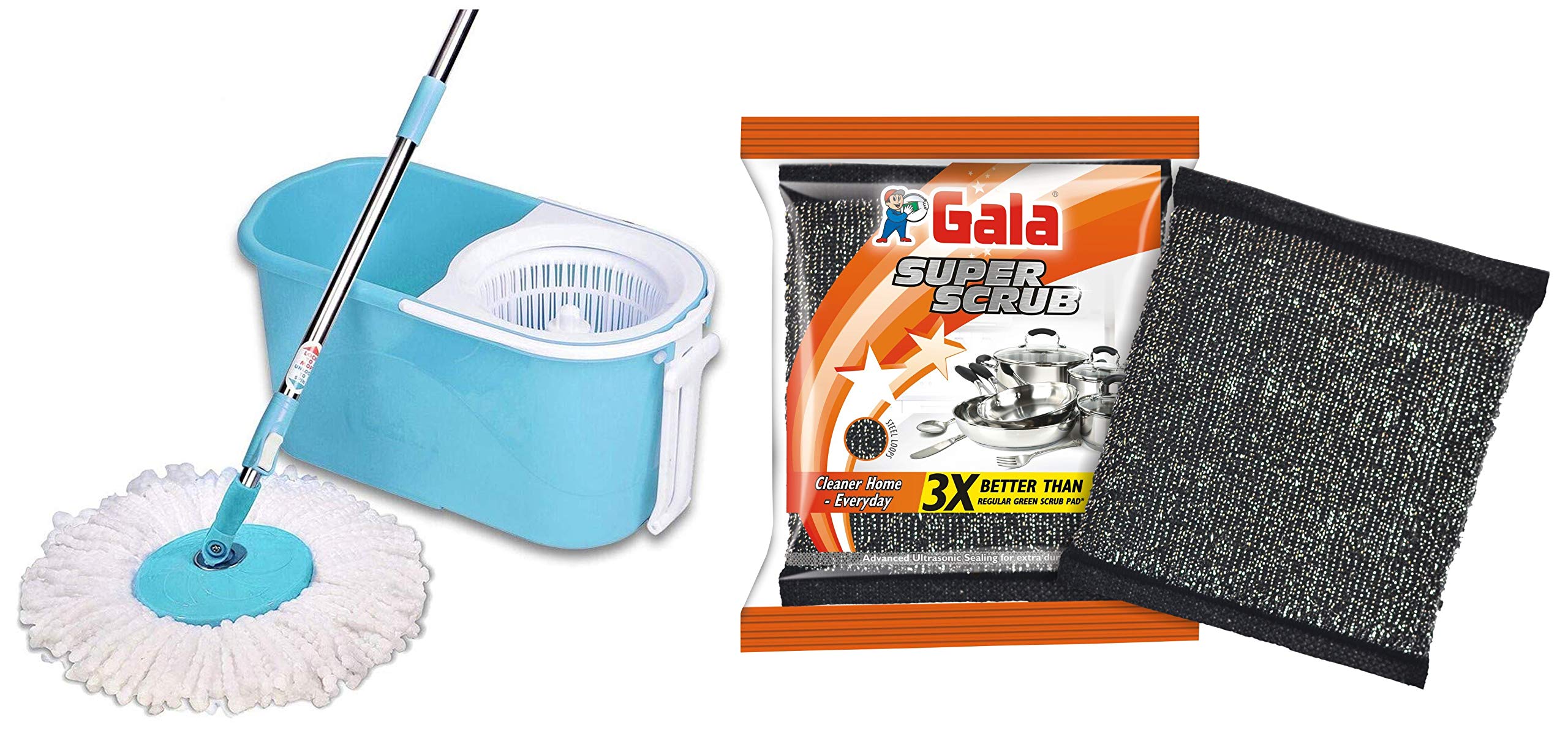 Gala e-Quick Spin Mop, Easy Wheels & Big Bucket with 2 Microfiber Refills, Floor Cleaning Mop with B