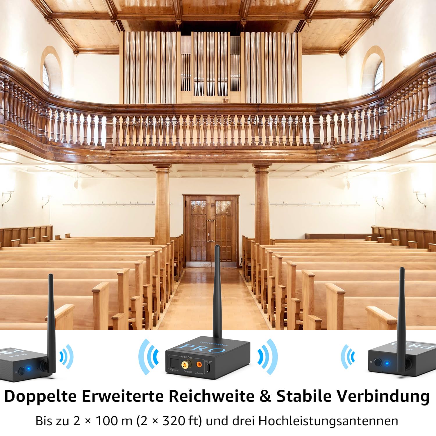 1Mii (1 TX + 2 RX) Drahtlos Audio Sender Empfänger, 2,4 GHz Funkübertragung | Geringe Latenz, HiFi von TV/PC zu Aktivlautsprecher/Verstärker/AV-Receiver, Optisch/Koaxial/3,5-mm/Cinch-Anschluss
