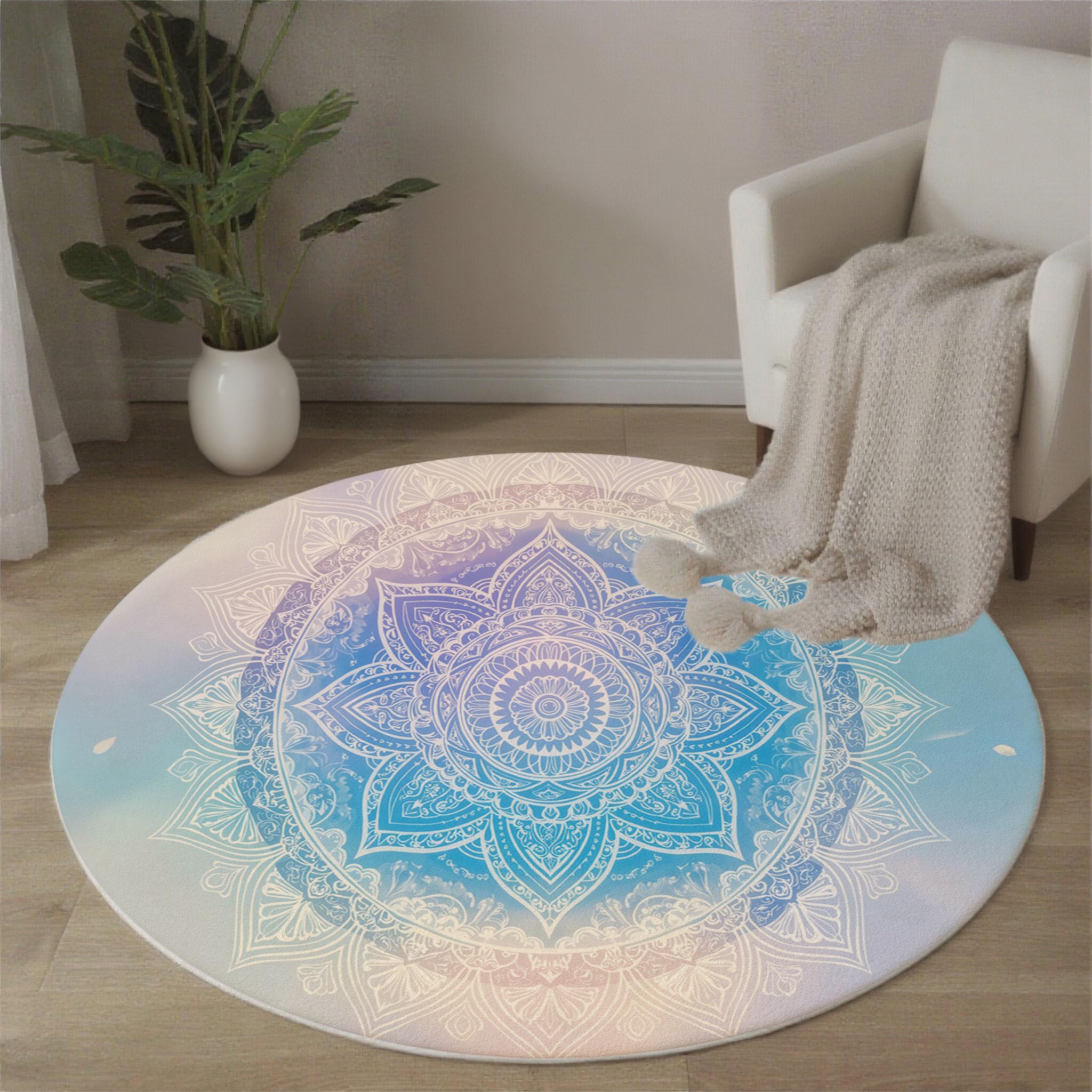 Tapis Rond Mandala Dégradé Aquarelle pour Salon, 160cm Circulaire Tapis Style Artistique Onirique Douce Lavable Et Antidérapante pour Chambre Intérieure, Bleu Clair