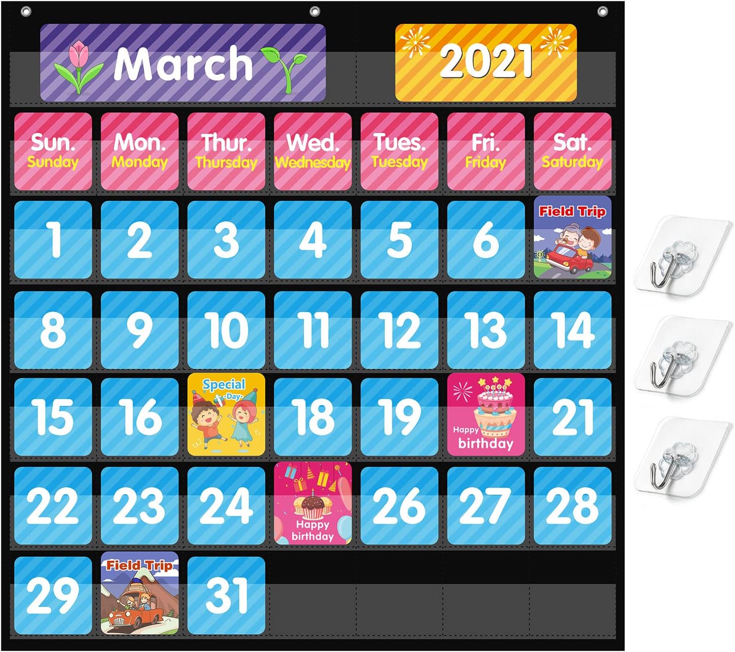 REGELETO Black Calendar Pocket Chart for Classroom with 85 Cards and 3 Hooks