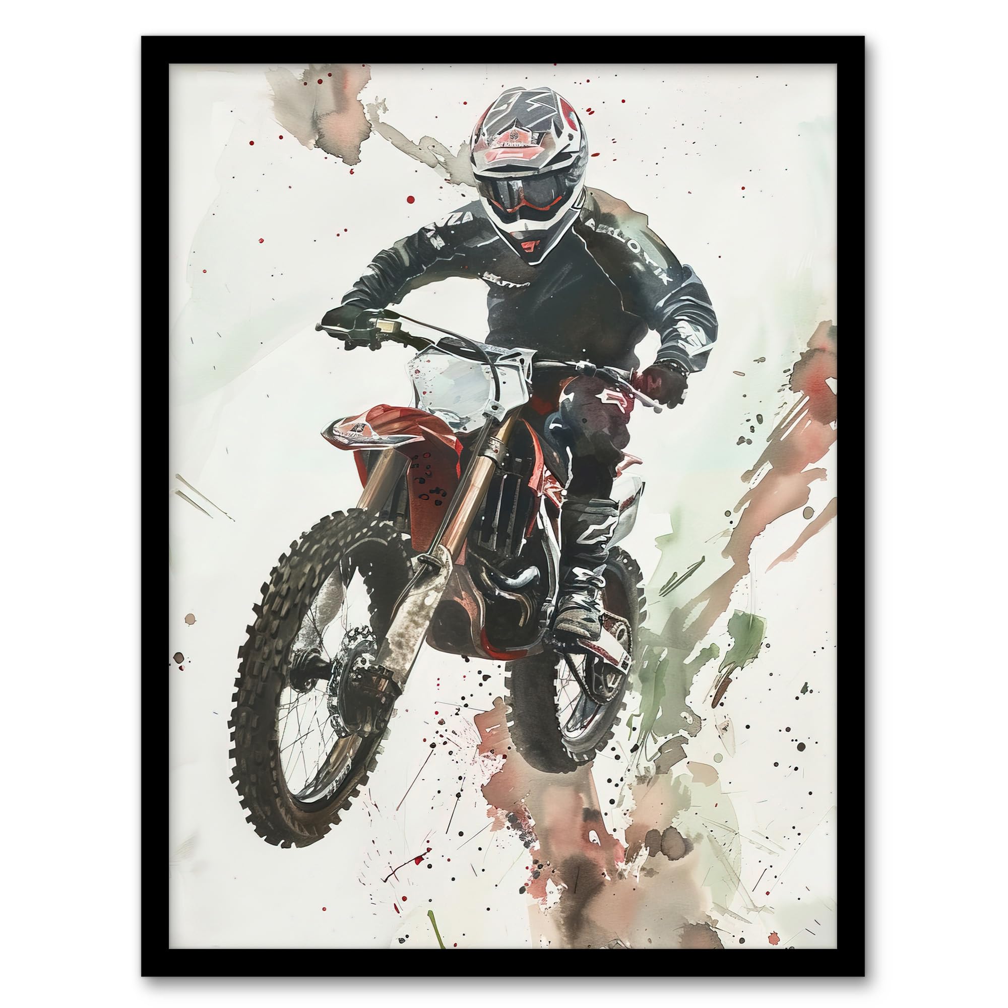 Artery8 Motocross Racer Sport Action Shot Watercolour Man Cave Artwork Framed Wall Art Print A4