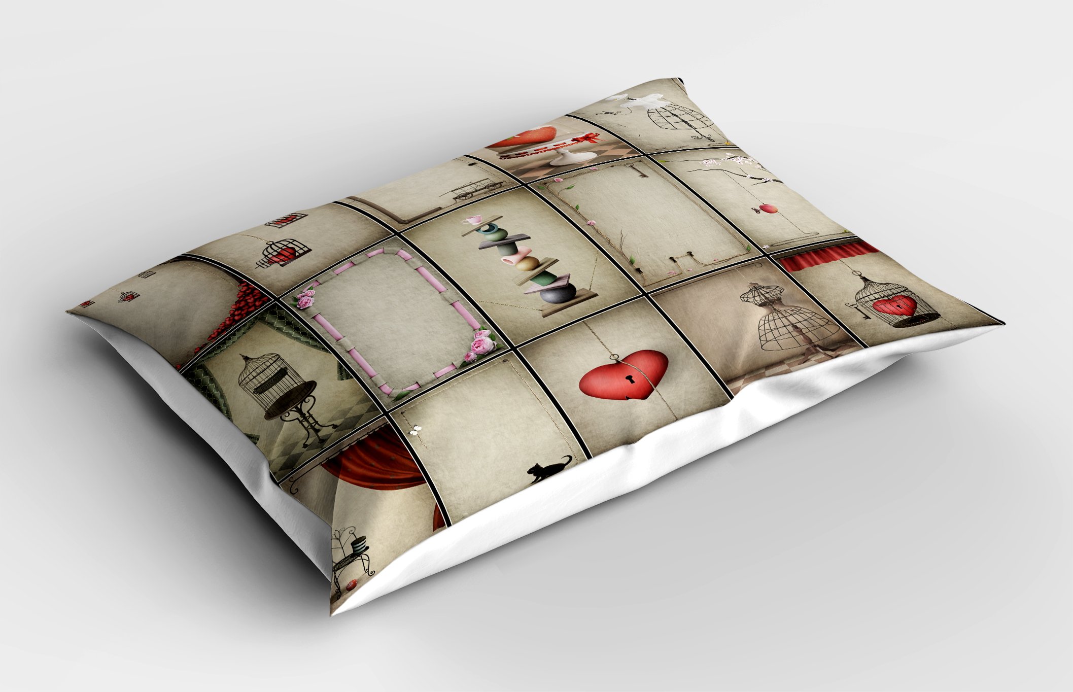 Ambesonne Vintage Pillow Sham, Valentines Day Inspired Hearts in Captivity Retro Elements Dresses and Cat, Decorative Standard Size Printed Pillowcase, 26
