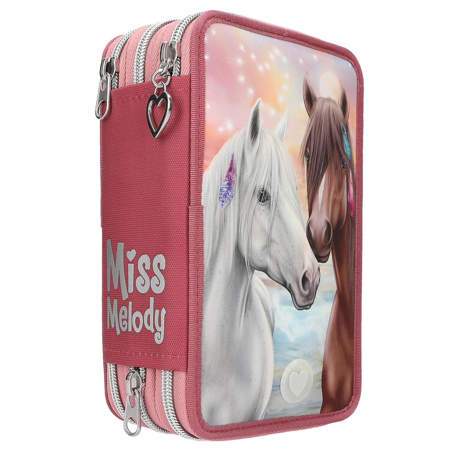 Depesche 11983 Miss Melody Wild Horses - gevuld 3-voudig etui in bordeaux met manen, paardenmotief en -patroon, etui met kleurpotloden, liniaal, schaar enz