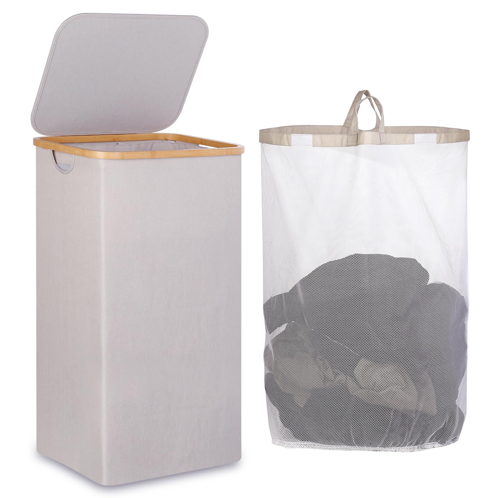 iEGrow Wäschekorb mit Deckel 110L, XL-Extra großer Wäschesammler mit Herausnehmbarer und Waschbarer Innentasche, Wäschekörbe für Waschküche, Schlafzimmer, Badezimmer (Hellgrau)