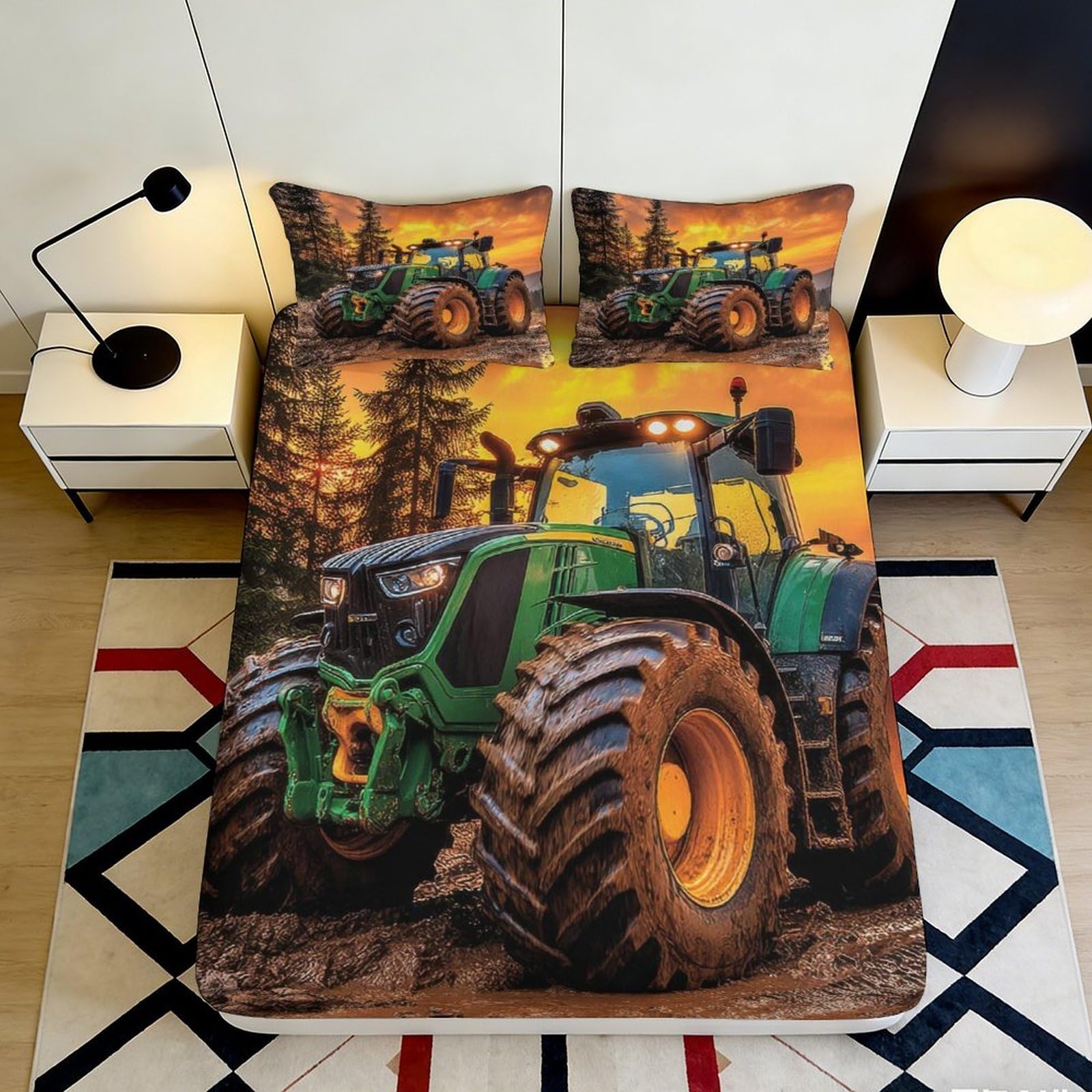 3D Printed Green Tractor Fitted Sheet Microfiber Farm Landscape Bed Cover Machine Washable for Bedroom Dorm Decor 90x200x25cm