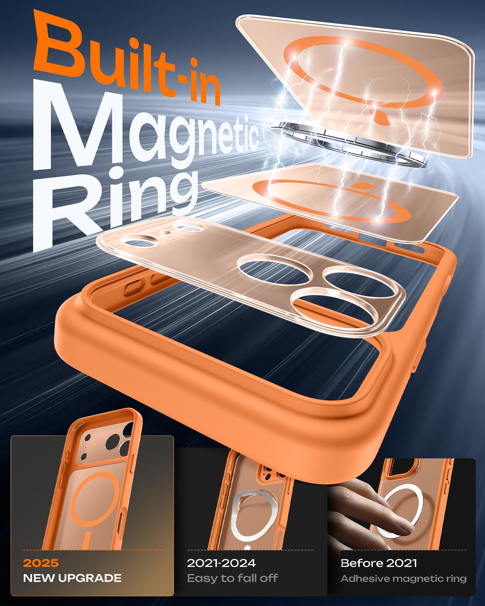 TOCOL Cover Magnetica per iPhone 17 Pro 6,3 Pollic, Compatibile con MagSafe, Anello Magnetico Incorporato, Protezione Fotocamera Integrata, Custodia Antiurto Traslucida Opaca, Arancione