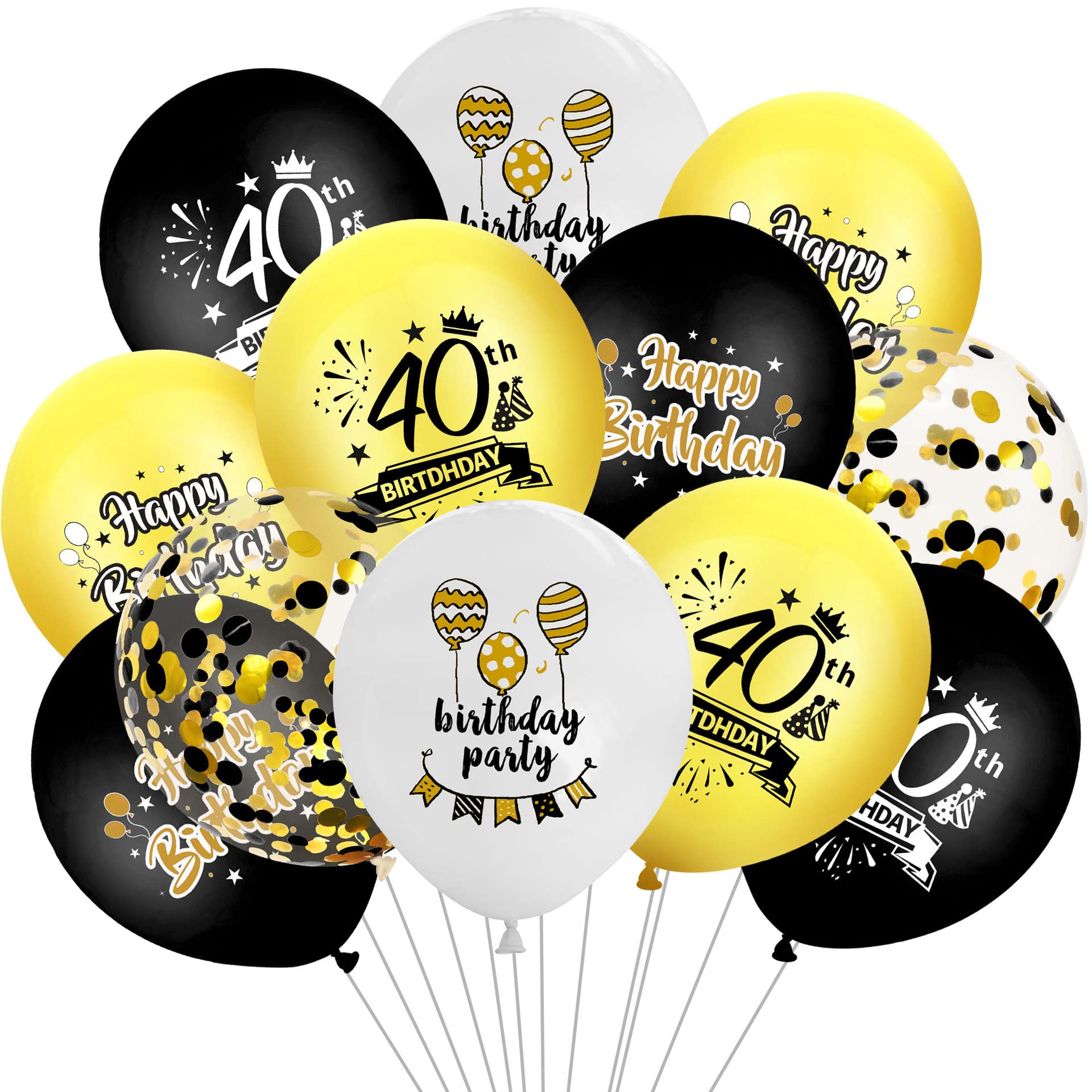 40th Birthday Balloons Set for 40th Happy Birthday Decoration – 12Pcs Black, White and Gold 40th Birthday Latex & Confetti Balloons - Fortieth Birthday Party Decor for Men and Women