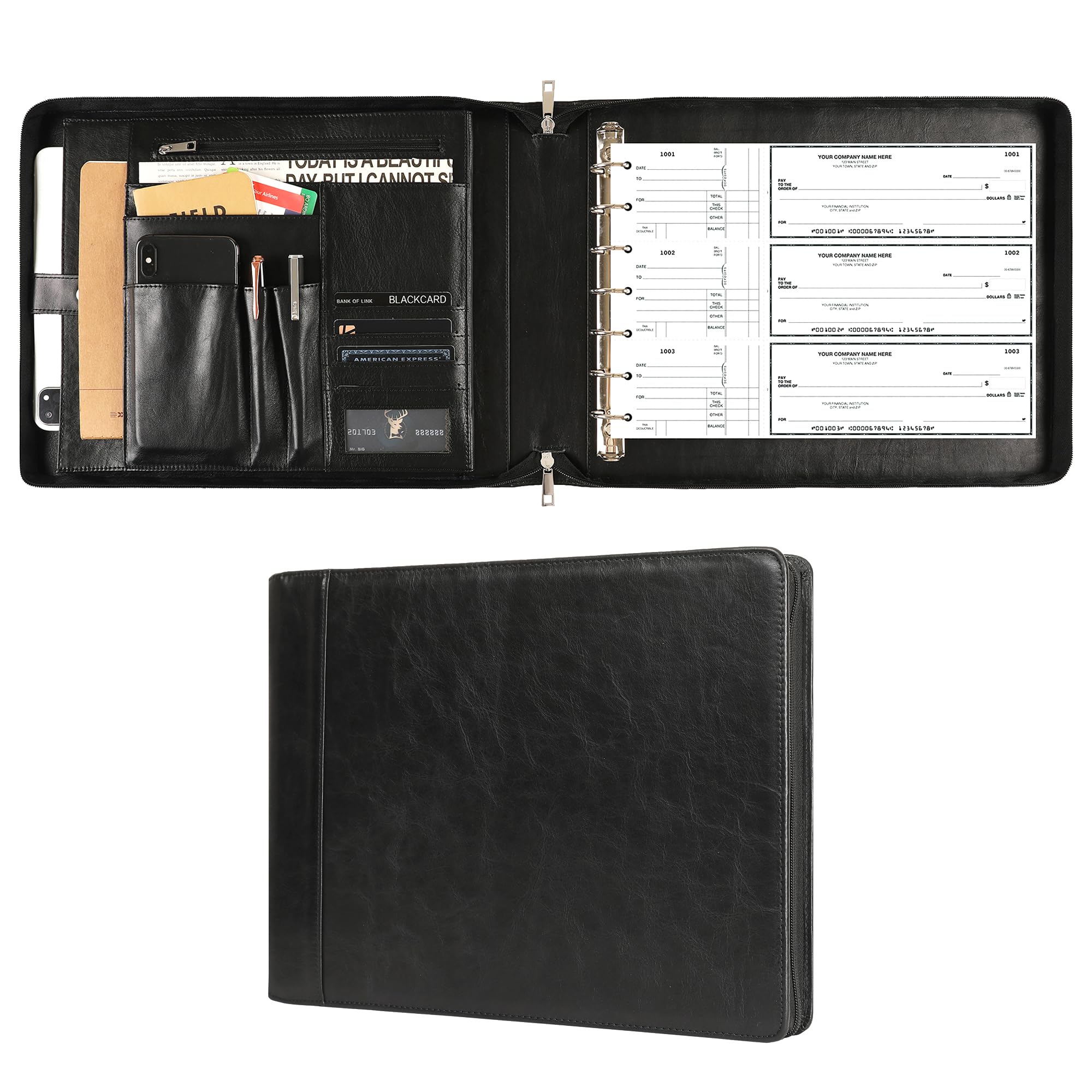 7 Ring Check Binder - Genuine Leather Business Checkbook Binder & Portfolio for 9 x 13 inch Sheets, Personalized Check Book Holder with 600 Checks