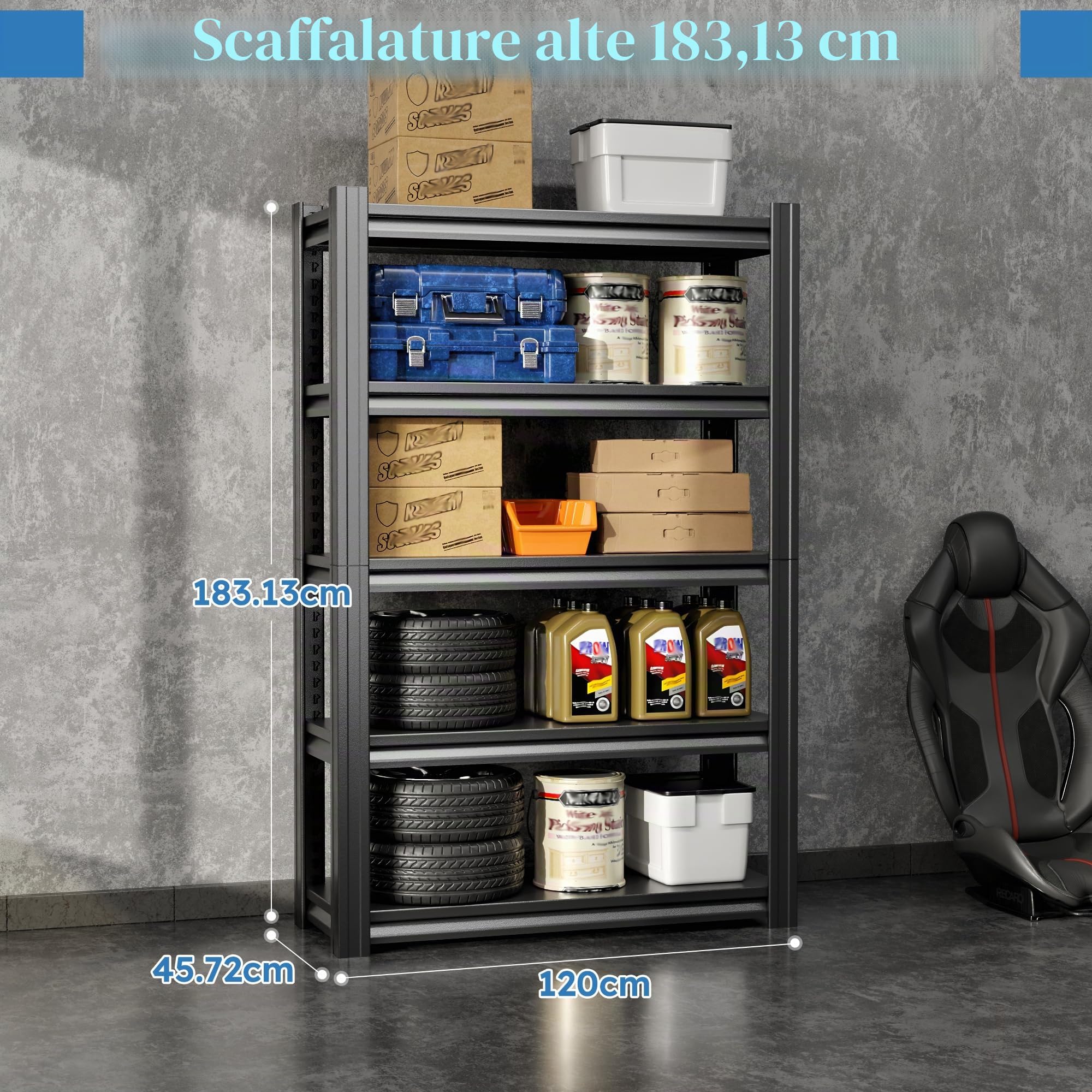 SUPEER - Scaffale per carichi pesanti in metallo, 183 x 120 x 45 cm, con 5 ripiani in metallo regolabili | Scaffalatura per cantina e officina | Portata fino a 1200 kg | Nero