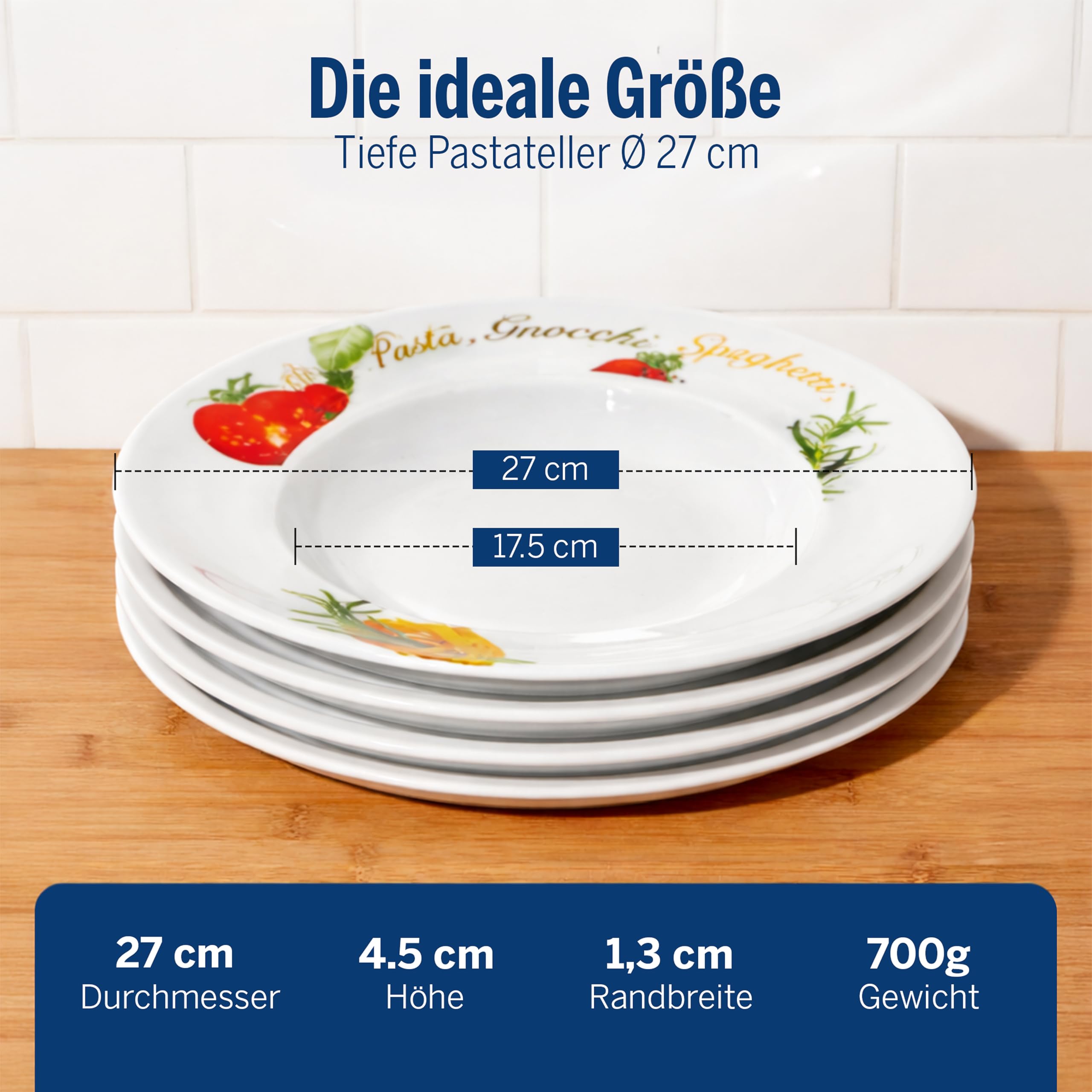 Van Well Milano Pastateller 6er-Set Ø 27 cm – Porzellan Pasta Teller im Milano-Stil – Tiefe Teller für Pasta, Bowls & als Suppenteller – Service & Geschirrset 6 Personen – Robustes Porzellan-Geschirr