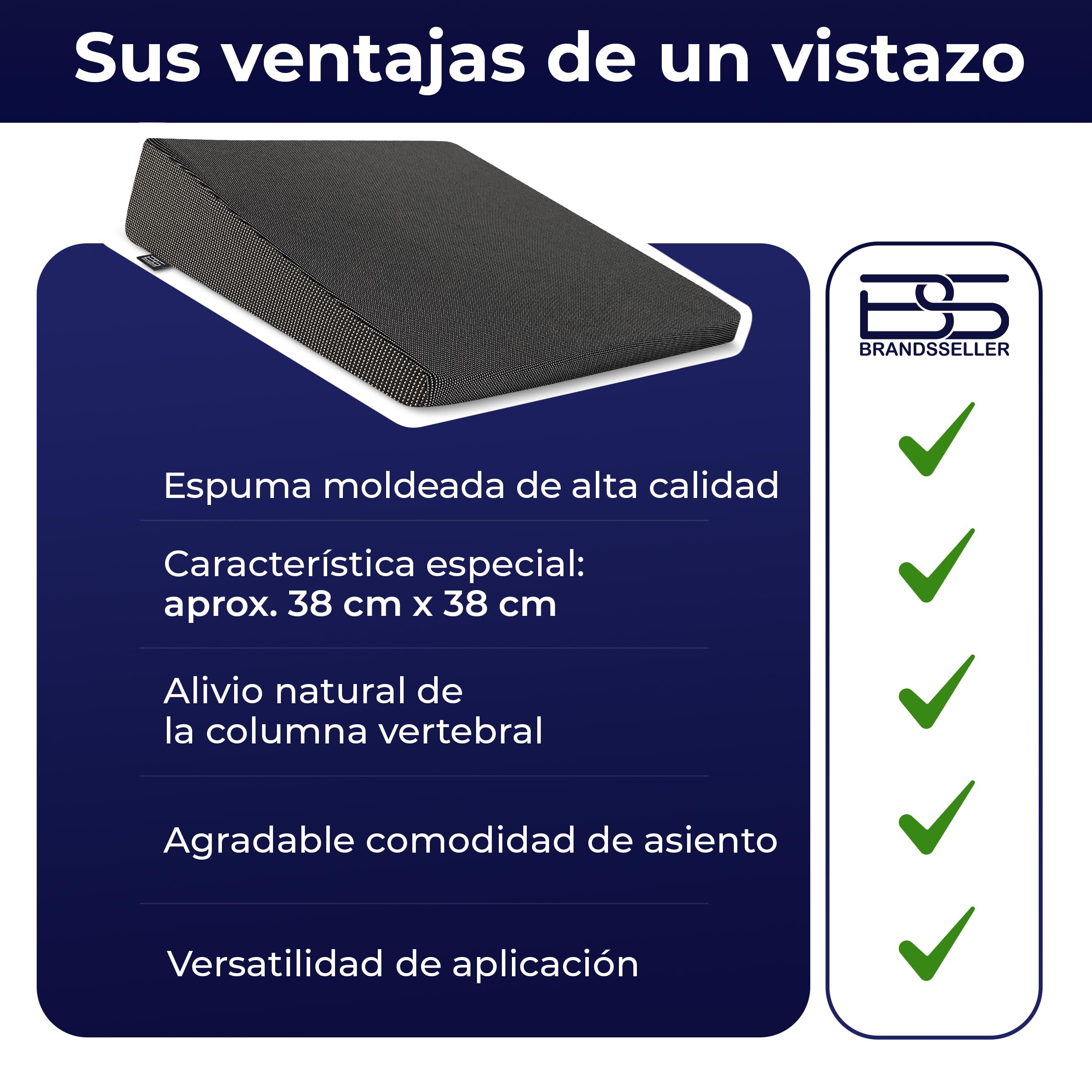 Brandsseller - Cojín en forma de cuña para silla, asiento de coche, silla de oficina (38 x 38 x 8/2 cm), algodón, Negro , 38 cm x 38 x 8/2 cm