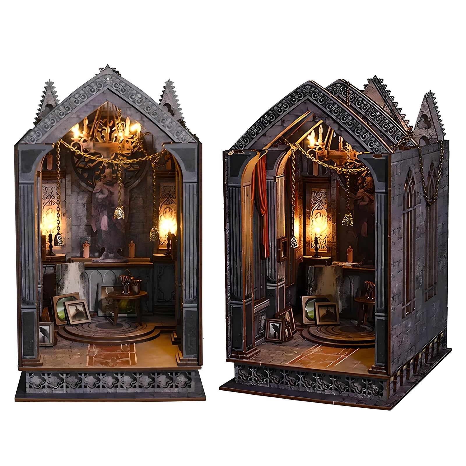 Quiet Night Prayer DIY Book Nook Kit β Gothic Miniature Wooden Bookshelf Insert with LED Lights | 3D Fantasy Book Nook Craft Kit for Adults & Teens, Atmospheric Dark Academia Decor