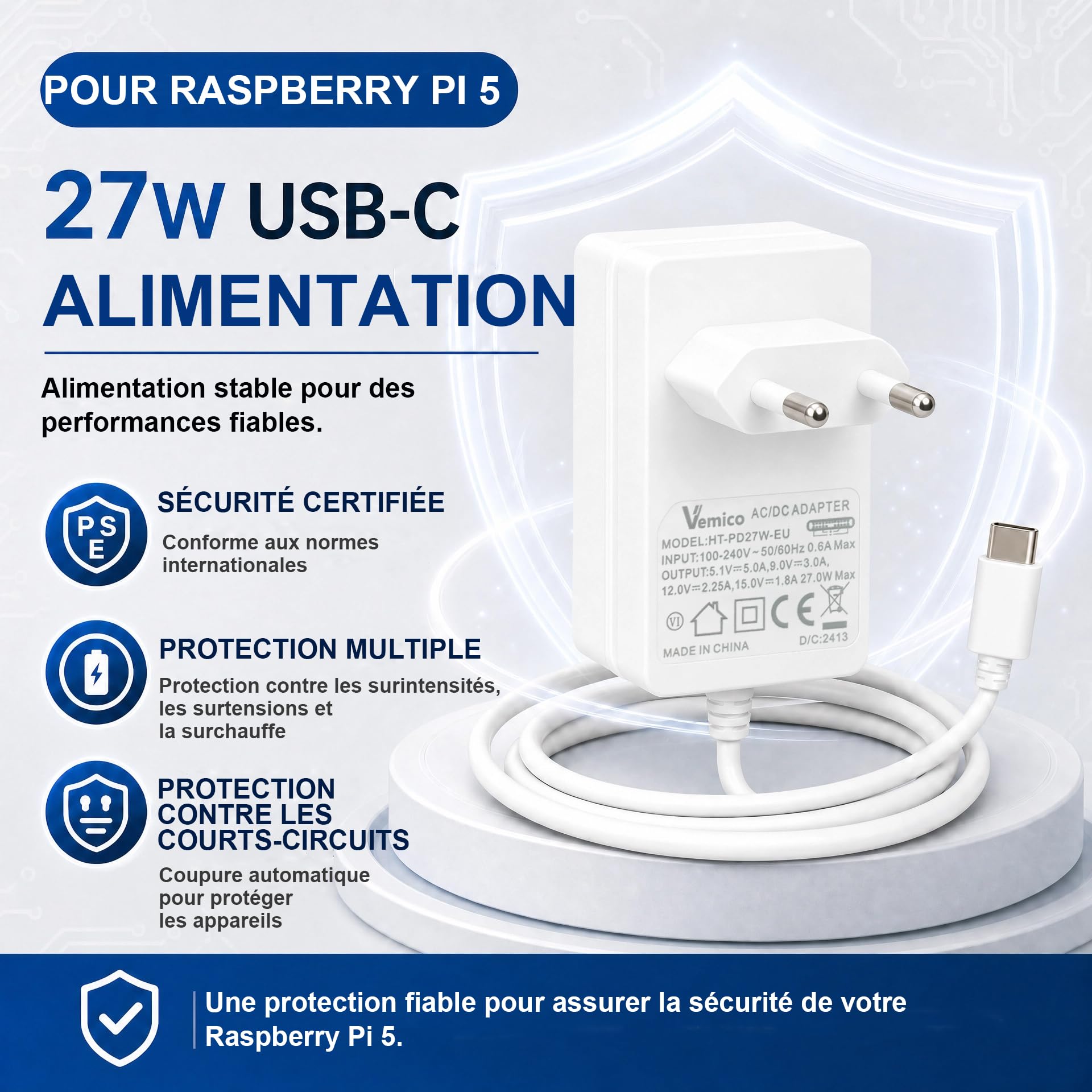 Vemico Raspberry Pi 5 Kit 8GO RAM 64GO Edition | Active Cooler,27W GaN 5,1V5A USB-C Alimentation,64GO Carte,4K Câble Micro HD Out,Pi5 8GO Board,Pi5 Boîtier,Manuel Utilisateur