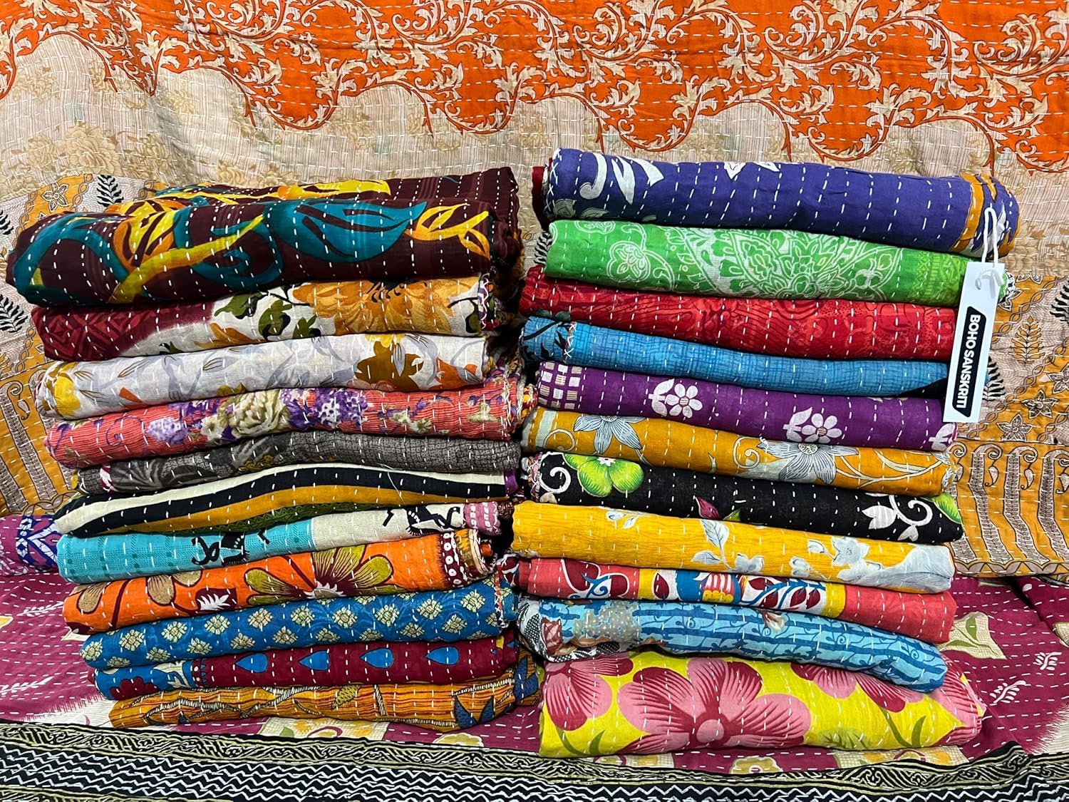 Boho Sanskriti Vintage Bedspreads,Throws,Ralli, Lot Kantha Reversible Bedcover Bedspread Throw Cotton Blanket Gudari Kantha Quilt (Pack of 1)