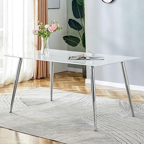 Miniatura 3 de Rophefx Mesa de comedor blanca de 63 pulgadas para 6-8 pulgadas, mesa de cocina moderna con acabado de mármol blanco, patas de metal plateado, mesa
