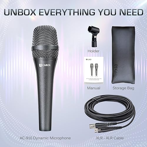 Miniatura 8 de CAROL AC-910 XLR Micrófono vocal con cable - Micrófono cardioide dinámico con tecnología de cancelación de ruido AHNC de doble motor para cantar,