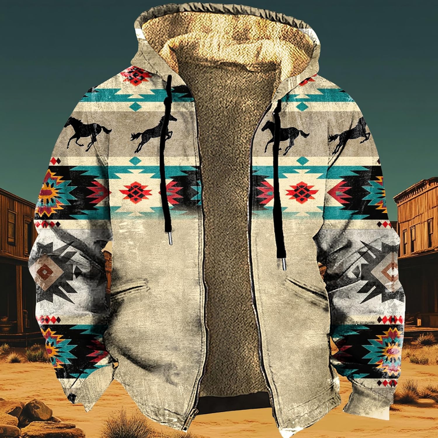 Western Cowboy Aztec Ethnic Vintage Winter Jackets for Men Sherpa Fleece Zip Up with Hood Heavy Warm Coats