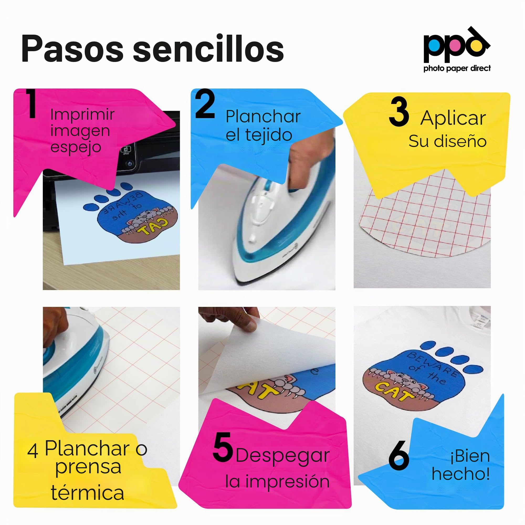 PPD A4 x 10 Hojas de Papel de Transferencia Térmica Para Camisetas, Mascarillas y Tejidos Claros - Para Impresoras de Inyección de Tinta Inkjet - PPD-1-10