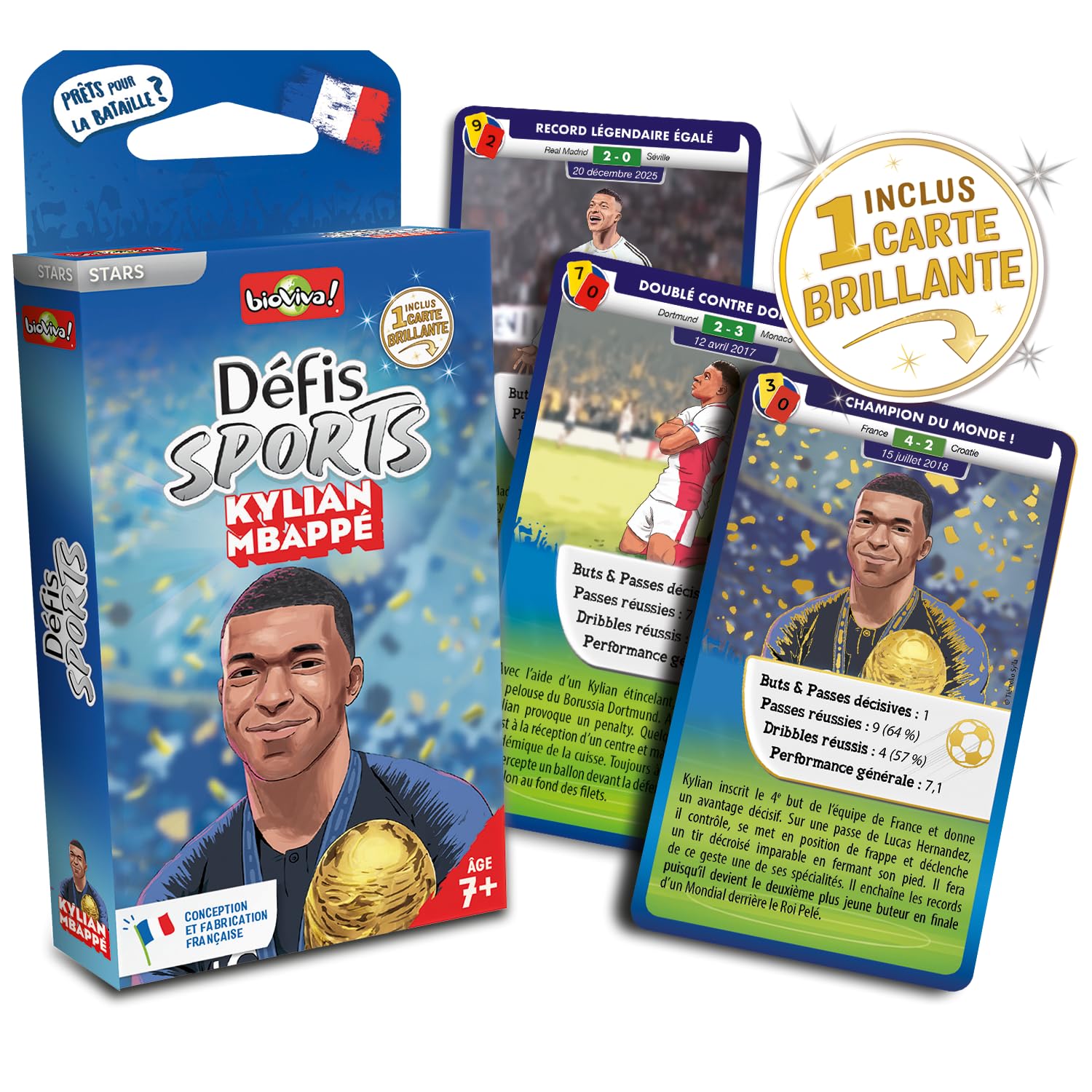 Bioviva - Défis Sports - Kylian Mbappé - Jeu de Cartes Enfant - Bataille Thème Foot - Dès 7 Ans - 2 à 6 Joueurs - Fabriqué en France