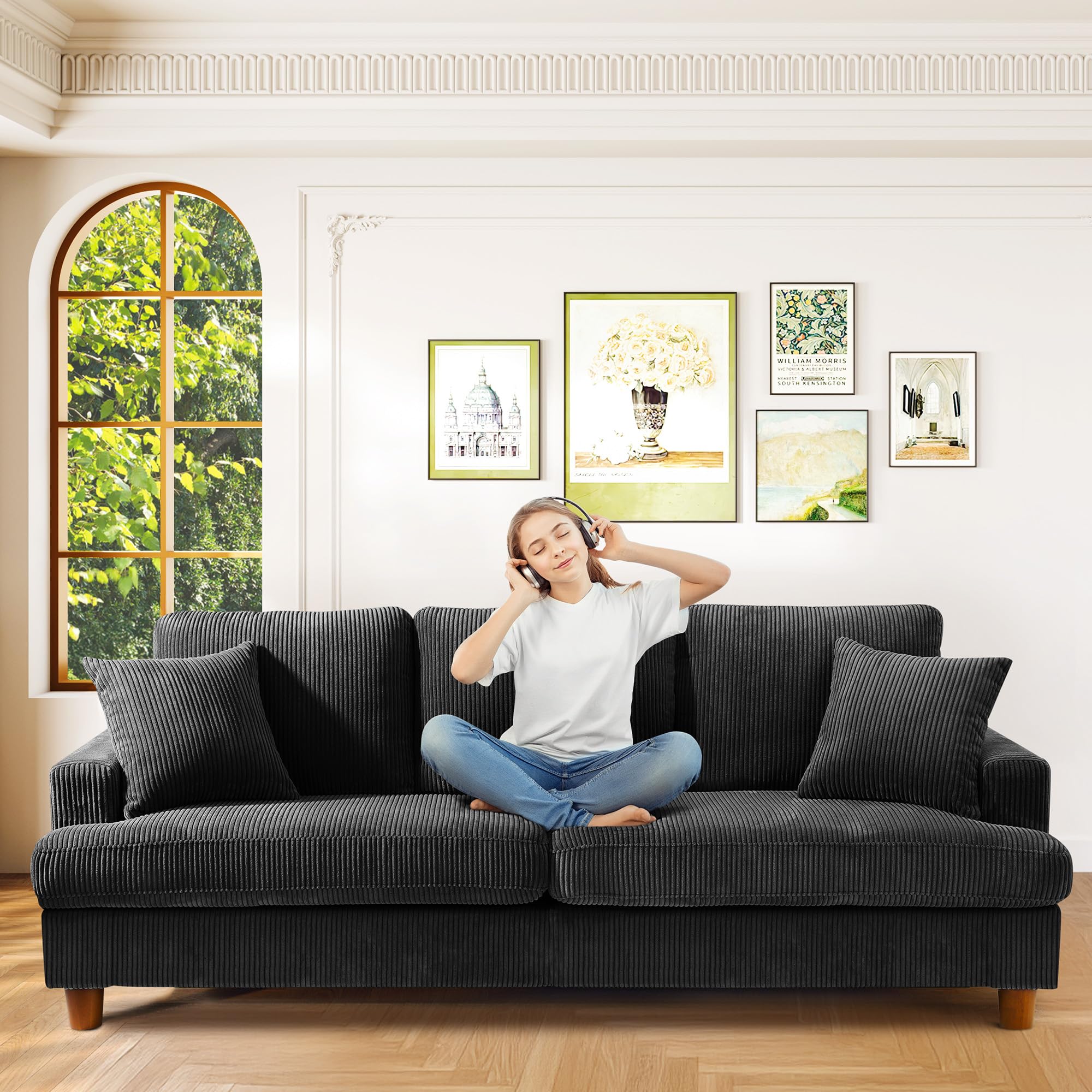 Kidirect Sofá de Pana de 3 plazas, 221 cm cómodo sofá de 53 cm Asientos Extra Profundos, sofá de salón Montaje sin Herramientas sofá Grande con 2 Cojines, sofá Moderno para Oficina, Negro