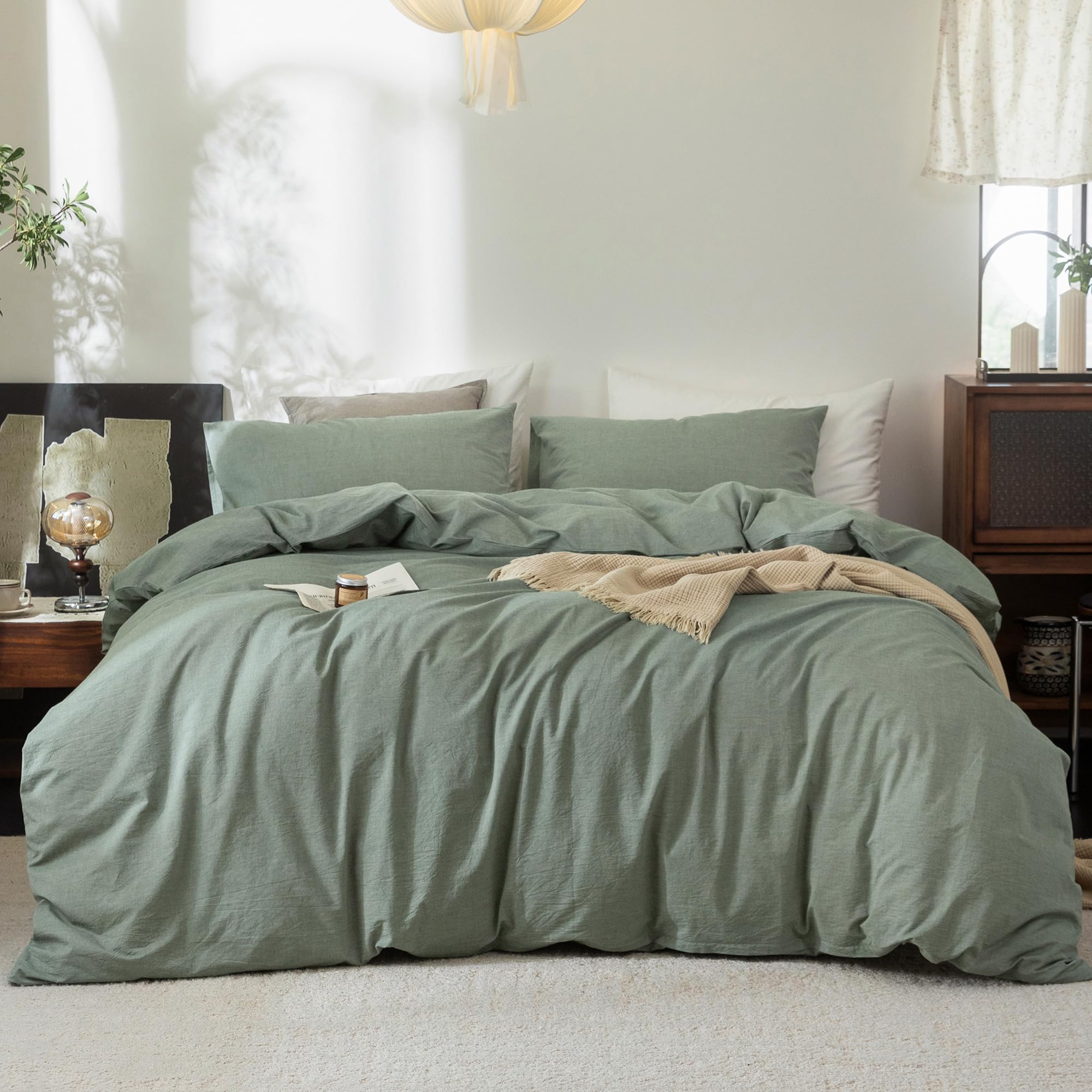 FOSSA Duvet Cover Set 100% Washed Cotton Linen Feel Super Soft Breathable Cozy Simple Style 3 Pieces Bedding Sets Solid Heathered Green Queen
