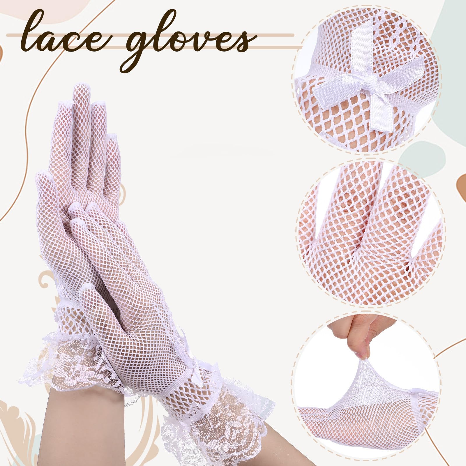 12 Pares de Guantes de Novia de Tul y Encaje Blanco para Boda, Diseño de Malla de Poliéster Lazos y Piedras para Fiesta y Té