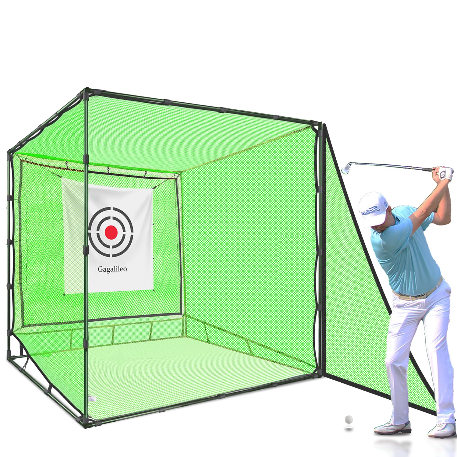 Galileo - Red de golf para entrenamiento de conducción, doble tope trasero con objetivos de ayuda al entrenamiento, red de retorno automático de bolas para jardín, 2,1 x 2,1 x 2,1 x 2,1 m, interior