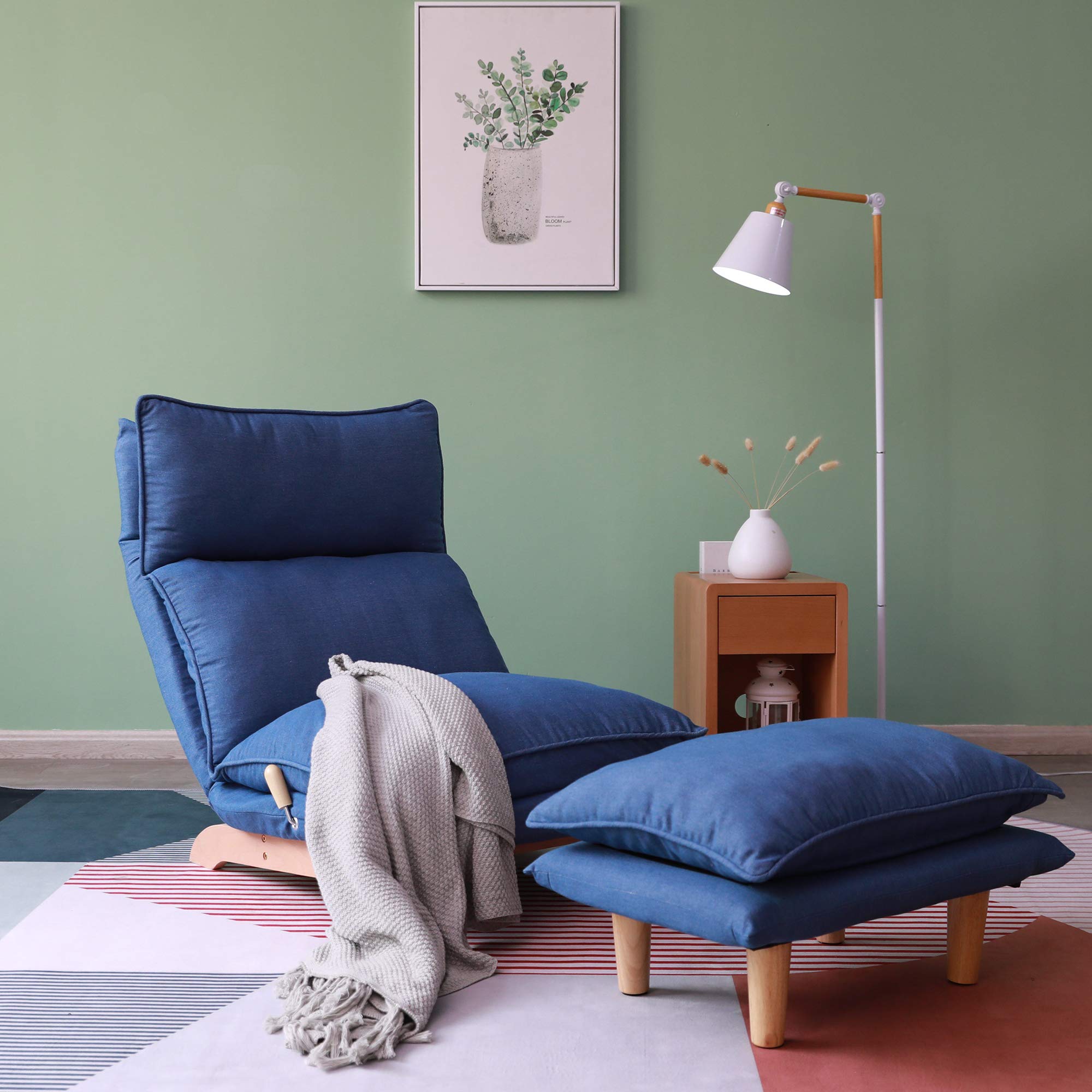 HomSofLazy Sofa Balcony Leisure Chair Bedroom Sofa Chair Foldable Reclining Chair Leisure Single Sofa Functional Chair with Ottoman，Dark Blue