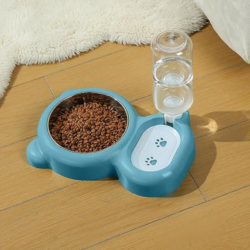 Miniatura 8 de Juego de cuencos para perros, comida y agua para gatos con dispensador de agua y cuenco de acero inoxidable para gatos y perros pequeños, color azul