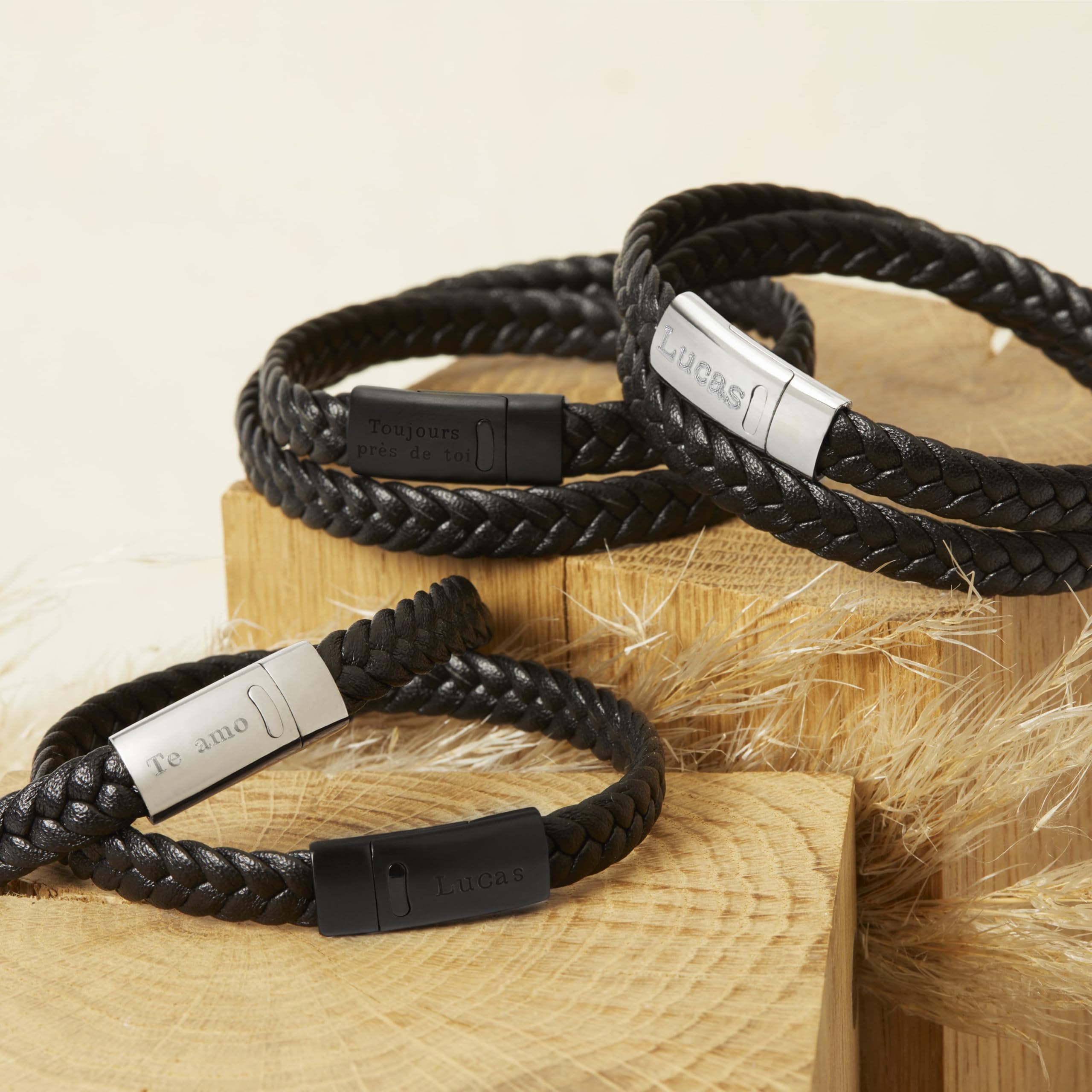 Bracelet homme personnalisé en cuir tressé noir avec boucle argentée - Idée cadeau homme - Noël - Saint Valentin - Anniversaires - Fête des Pères