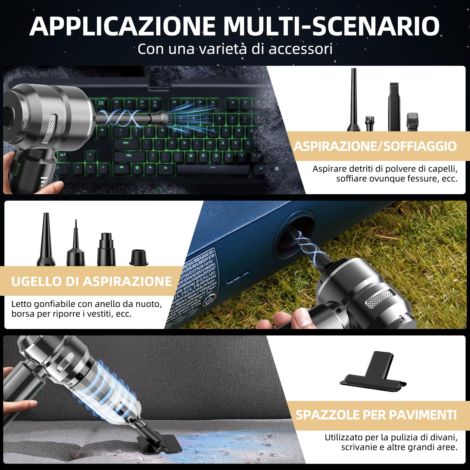 NVKHG Aspirapolvere Portatile Batteria per Aspirapolvere Portatile 22000Pa, 3 Velocità 8000 rpm Elettrico con Motore Senza Spazzole, Mini Aspirapolvere, Aspirapolvere Cordless per Auto per Ufficio Usa