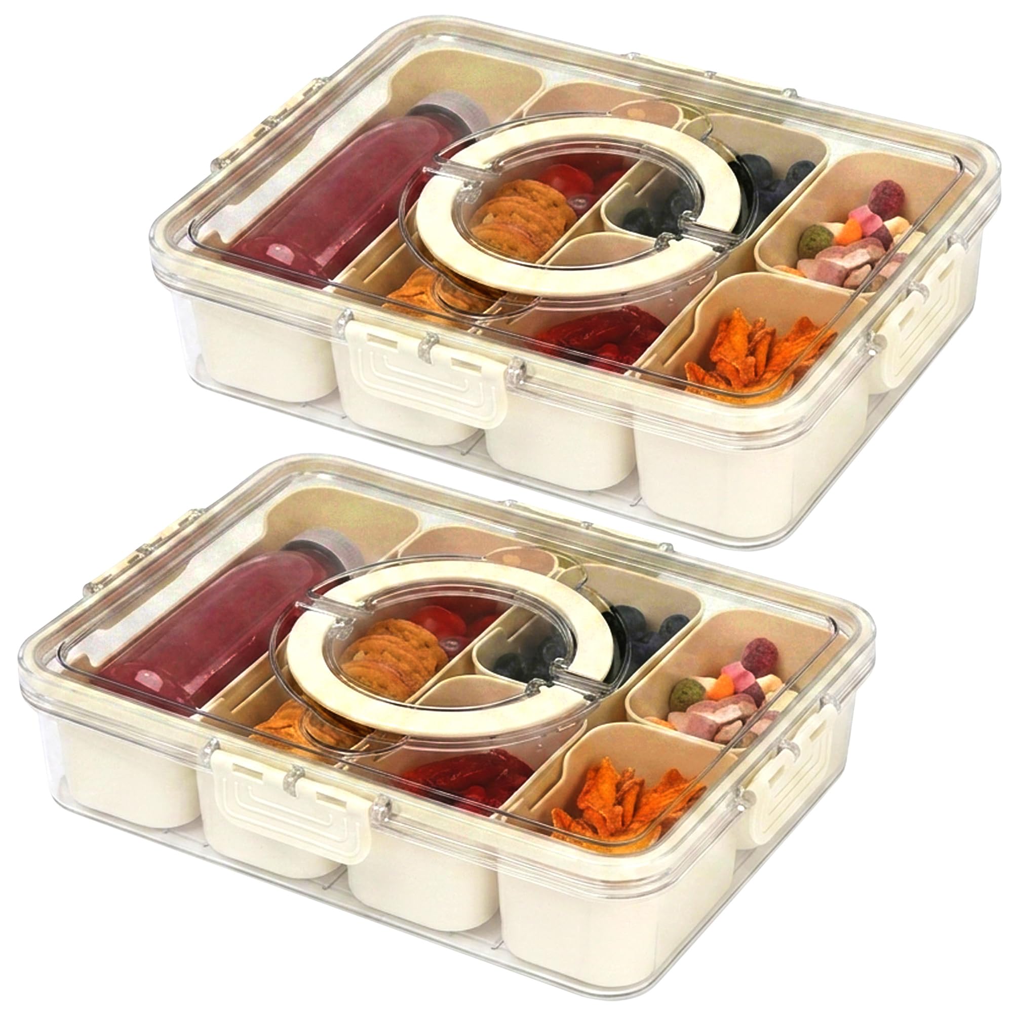 LIVIVO 2-pack Snack Box with Compartments - 6 Removable Trays, Portable Snack Tray with Lid, Handle, Four Snap Locks - Silicone Seal, BPA Free - Ideal for Fruit, Snacks,Nuts, Spices,Picnics & Parties