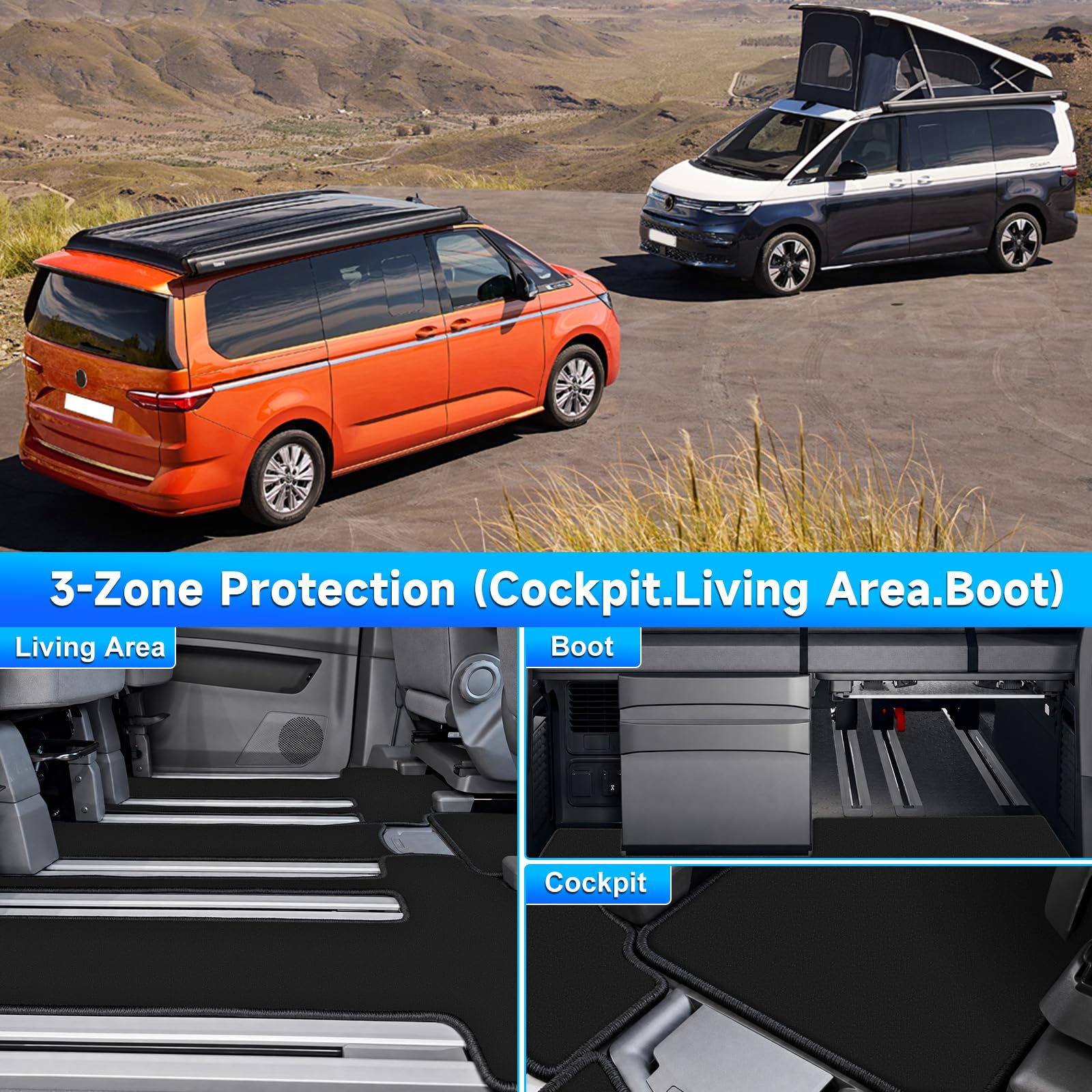 Tappetino per bagagliaio, adatto per Volkswagen VW T7 California Coast Ocean, con minigonna estraibile nella parte posteriore (per Volkswagen VW T7 California Beach Camper)