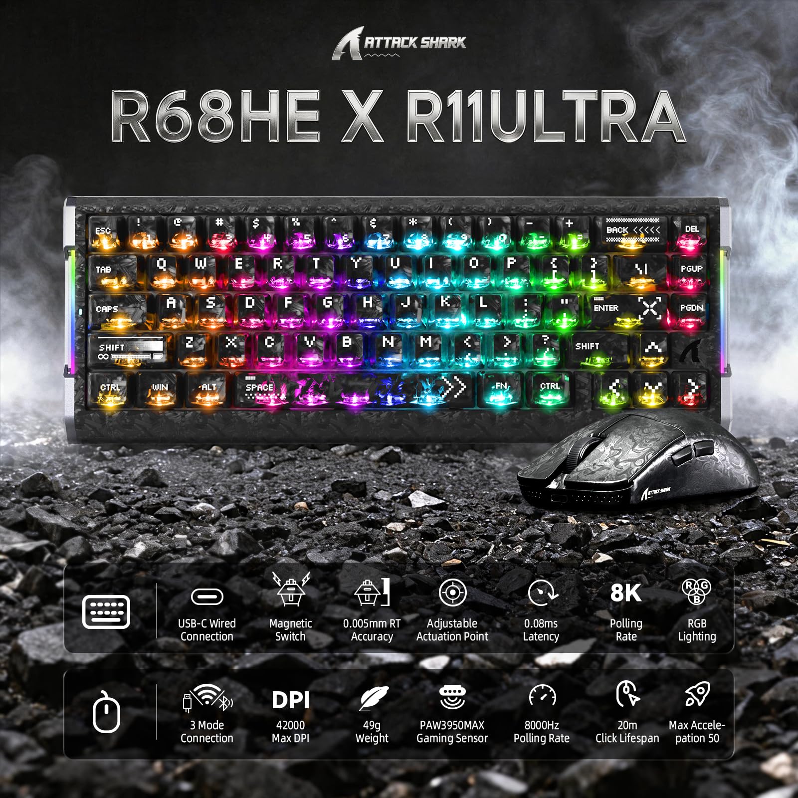 ATTACK SHARK Teclado y Ratón Gaming 8KHz,Carbon Fiber,Rapid Trigger-NegroA | QWERTY, R68 HE 60% Teclado Magnético con Cable RGB,Precisión RT de 0,005mm,R11 ULTRA Ratón Wireless 49g SUPERLIGHT, 42K DPI