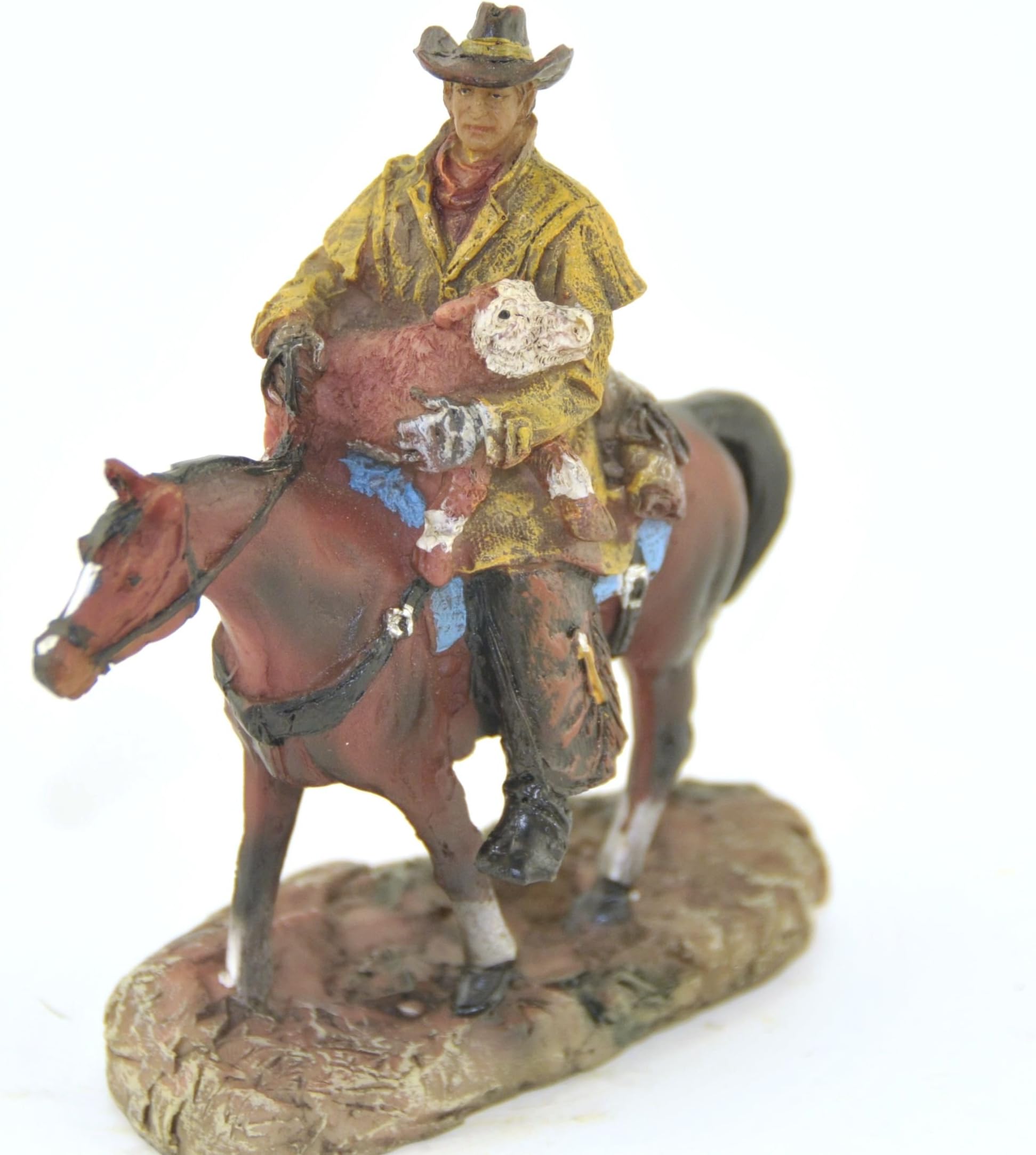 Cowboy with Baby Calf on Horse, Western Collectible Figure, 4.5-inch