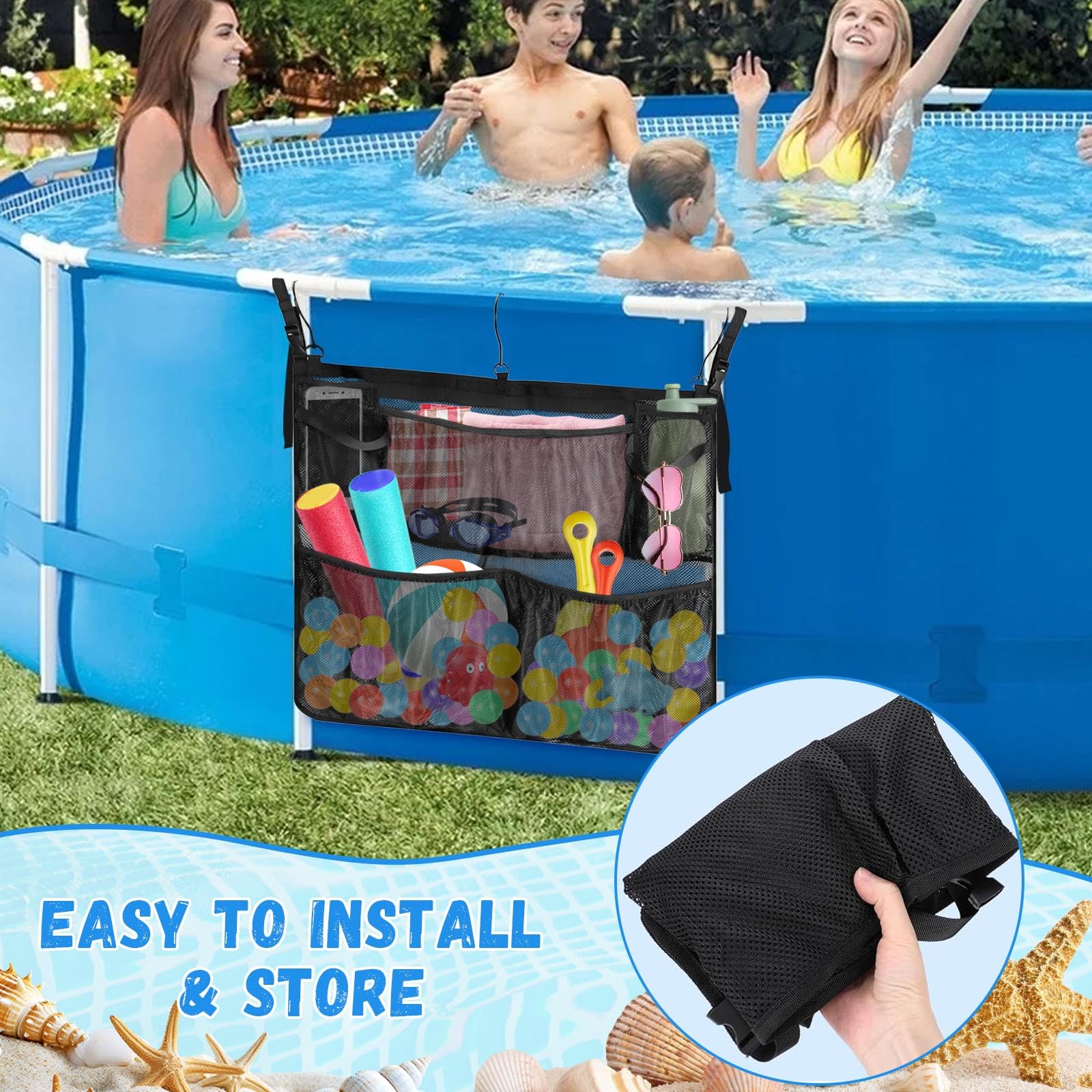 Panier de Rangement de Piscine, Sac Pochette en Maille Réglable au Bord de Piscine avec 5 Poches, Organisateur Accessoire de Piscine, Convient à 5 cm Moins Rail Supérieur, Noir