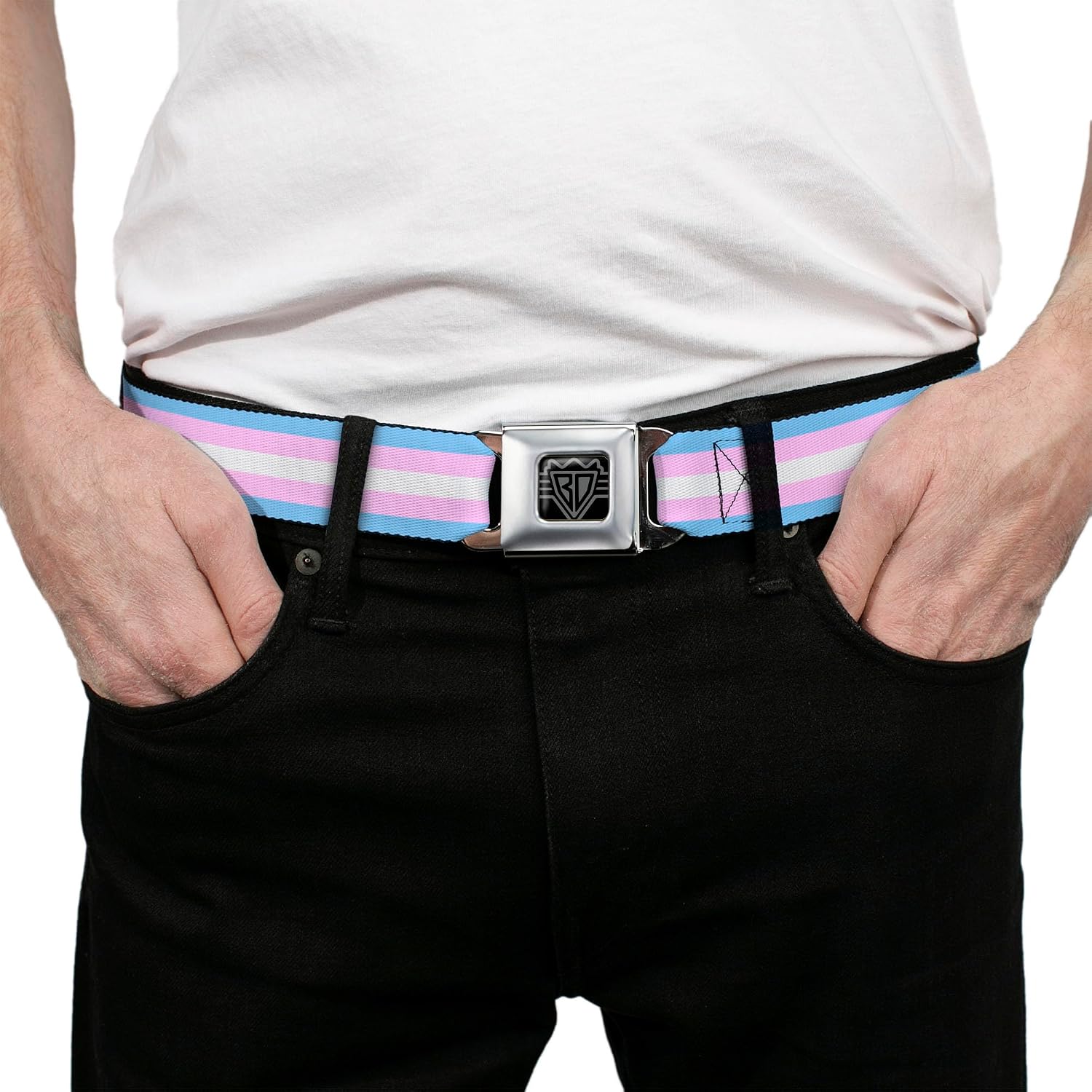 Buckle-Down Belt, Seatbelt Buckle Belt, Flag Transgender Baby Blue Baby Pink White, Adjustable