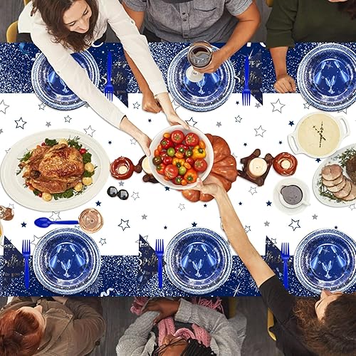 Miniatura 5 de Suministros de fiesta azul marino y plateado para 20 invitados, juego de vajilla desechable que incluye platos de papel azul, mantel de feliz