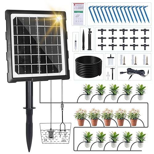Miniatura 1 de RDDSIVS Sistema de riego por goteo solar  Sistema de riego automático de bricolaje compatible con 15 plantas de macetas, 6 modos de temporizador y