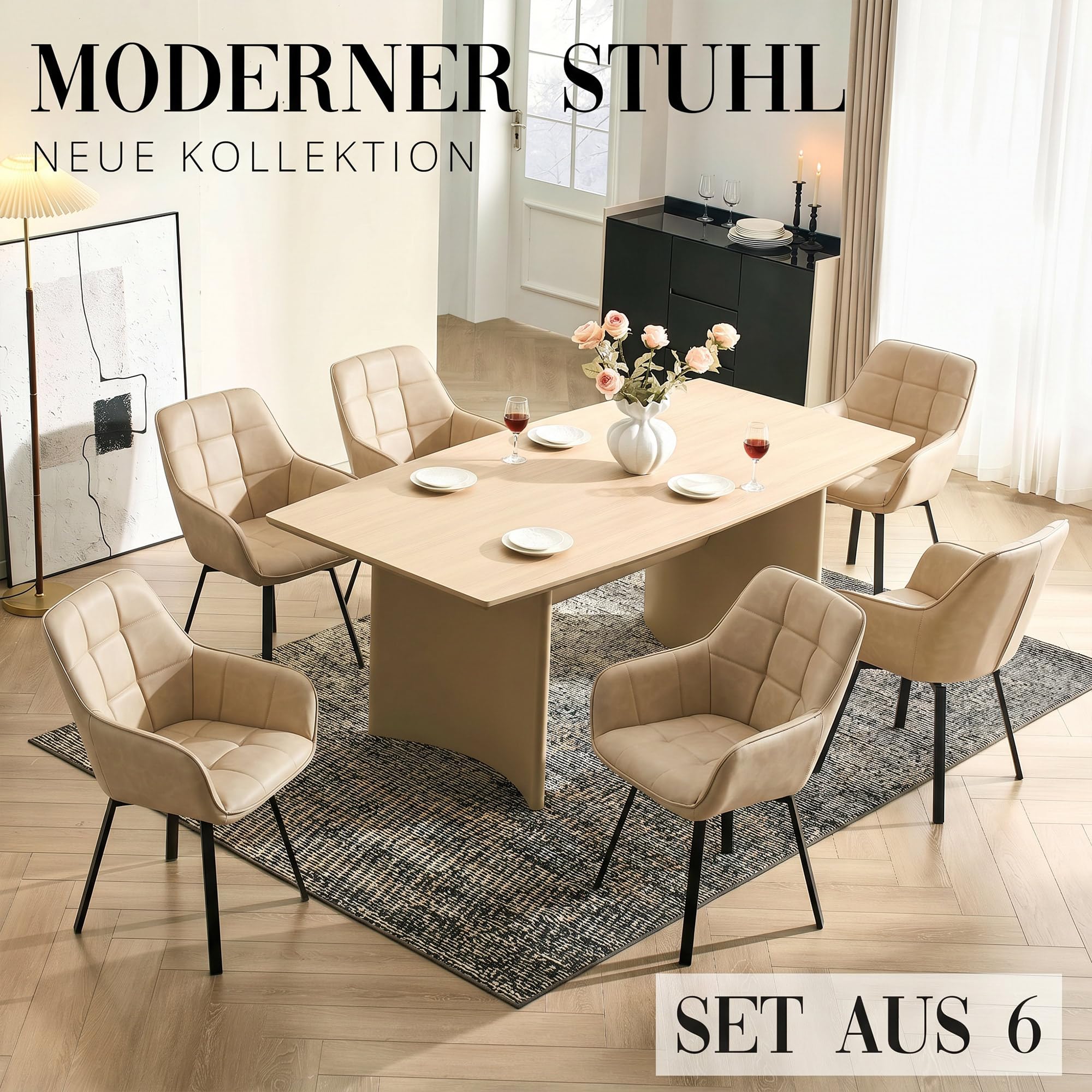 CLIPOP Esszimmerstühle 6er Drehbar Set mit Armlehne, Kunstleder Polsterstuhl Gepolstert Sitz Küchenstuhl Drehstuhl Armlehnenstuhl für Esszimmer Wohnzimmer Büro (6er Set, Kunstleder Beige)