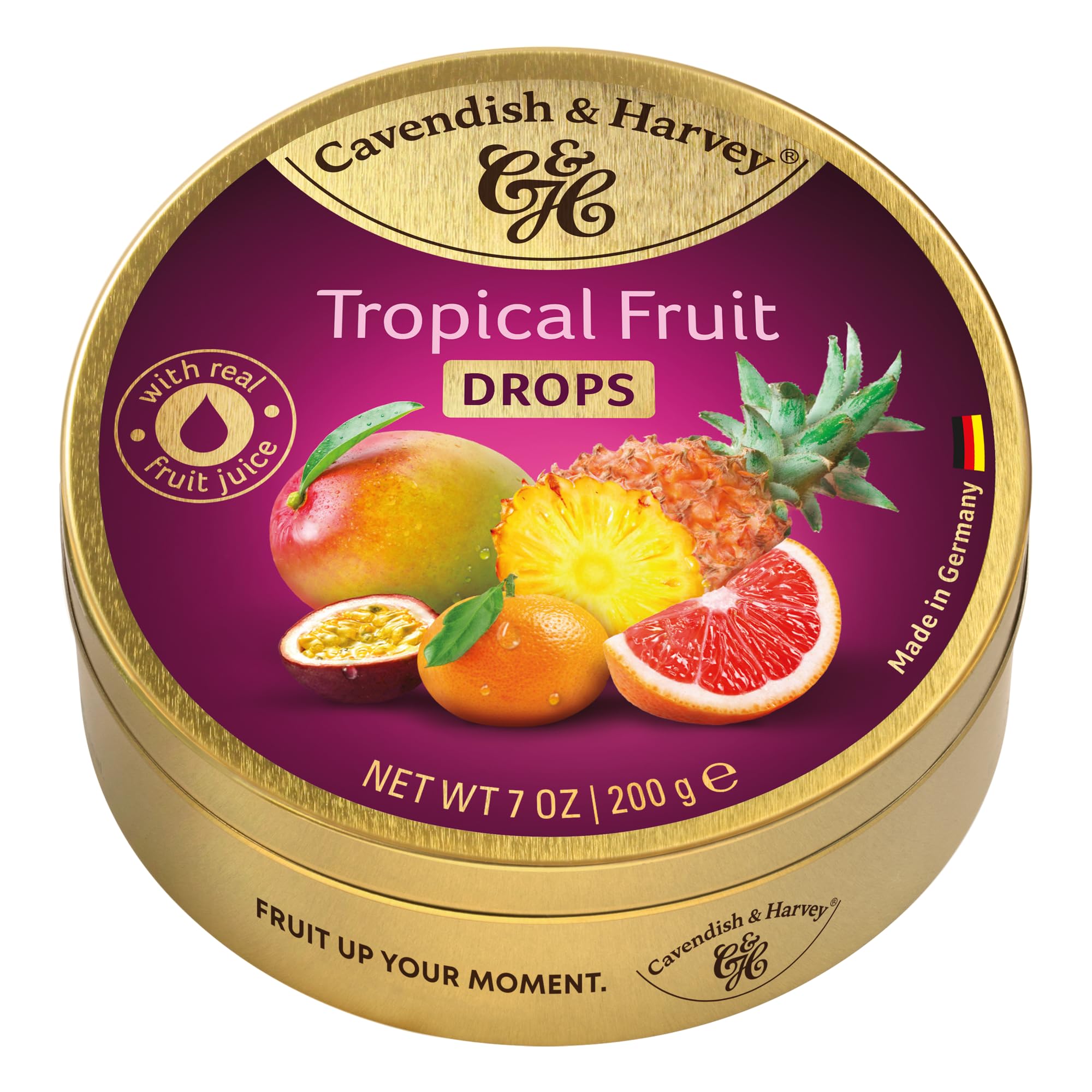 Cavendish & Harvey Tropical Fruit Drops Lot de 9 boîtes de conservation de 200 g | Mangue, pamplemousse, maracuja, kalamansi, ananas | Avec véritable jus de fruits naturels | Végétalien, halal, casher
