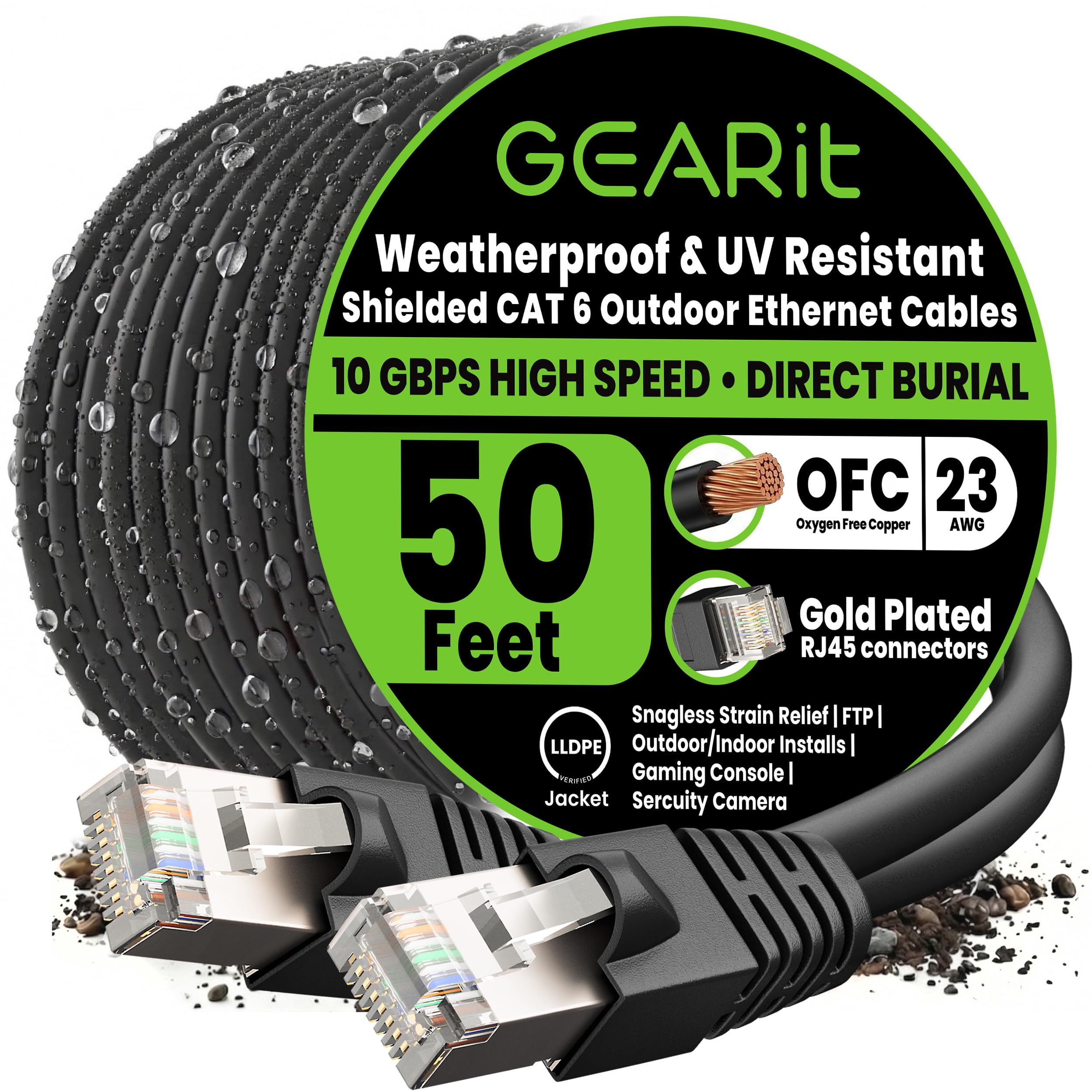GearIT Câble Ethernet extérieur Cat6 (15,2 m) 23 AWG en cuivre pur, FTP, LLDPE, imperméable, enfouissement direct, dans la terre, résistant aux UV, PoE, réseau, LAN, Internet, câble Cat 6, Cat6 – 15,2