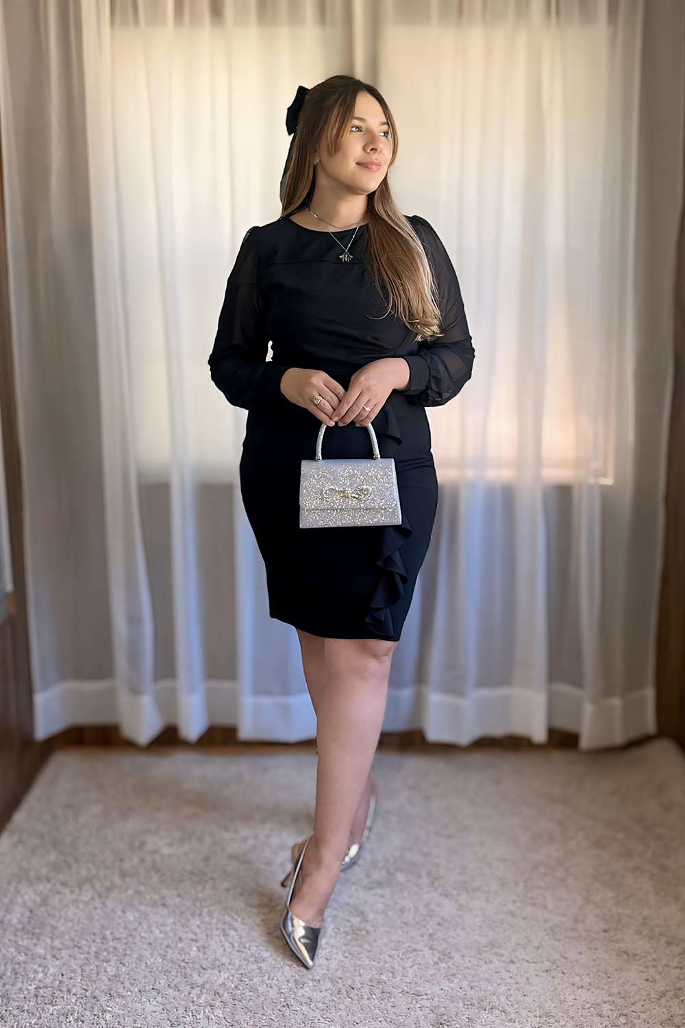 black long sleeve chiffon ruched bodycon dress Charlotte Bodycon Ruffle Asymmetric Dress Kouvr Fashion main image 0