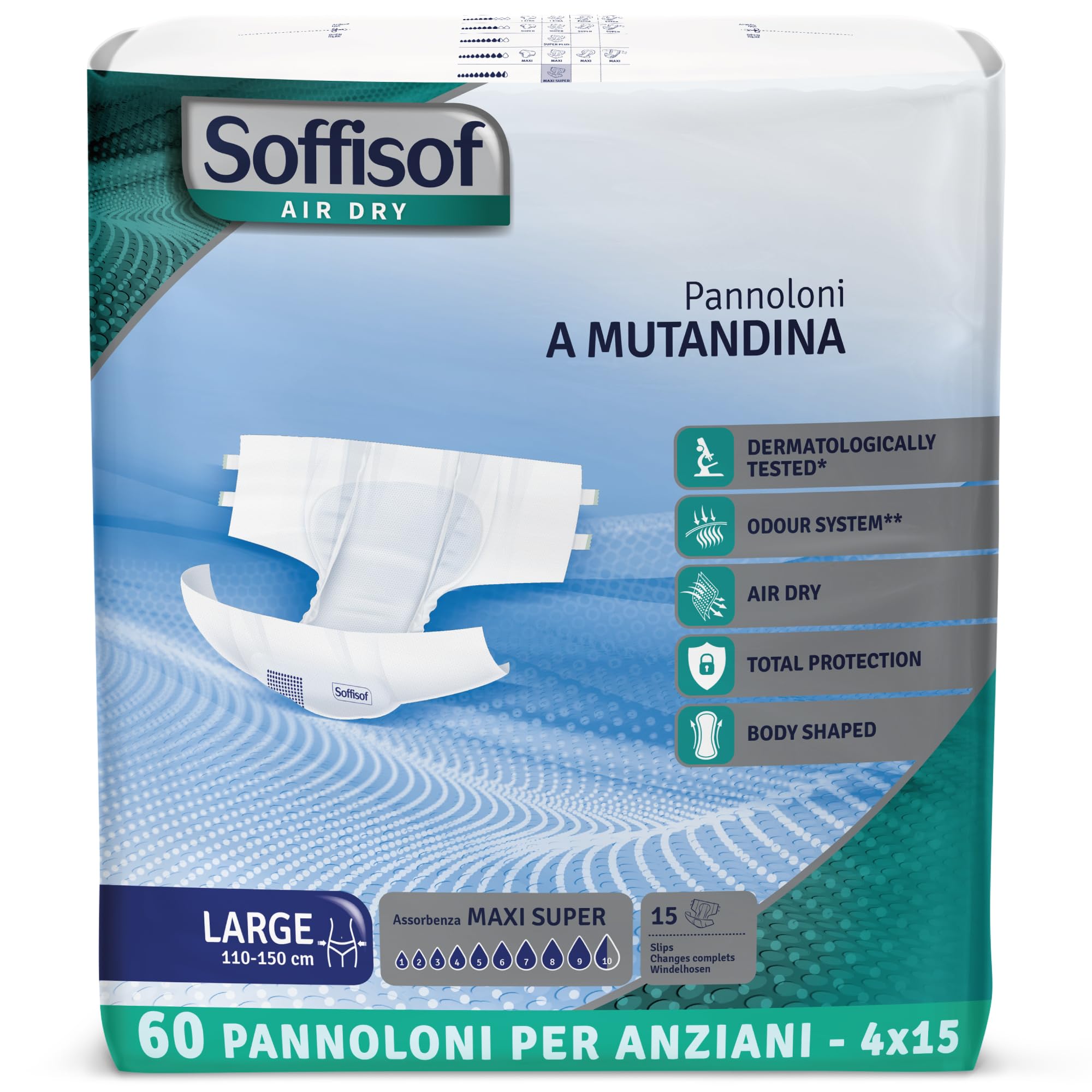 Soffisof Air Dry Pannoloni con Adesivi Maxi Super L - 60x Pannoloni per Anziani a Mutandina - 4 Confezioni da 15 Pezzi, Assorbenza fino a 9,5 Gocce - Ausili Incontinenza Uomo e Donna